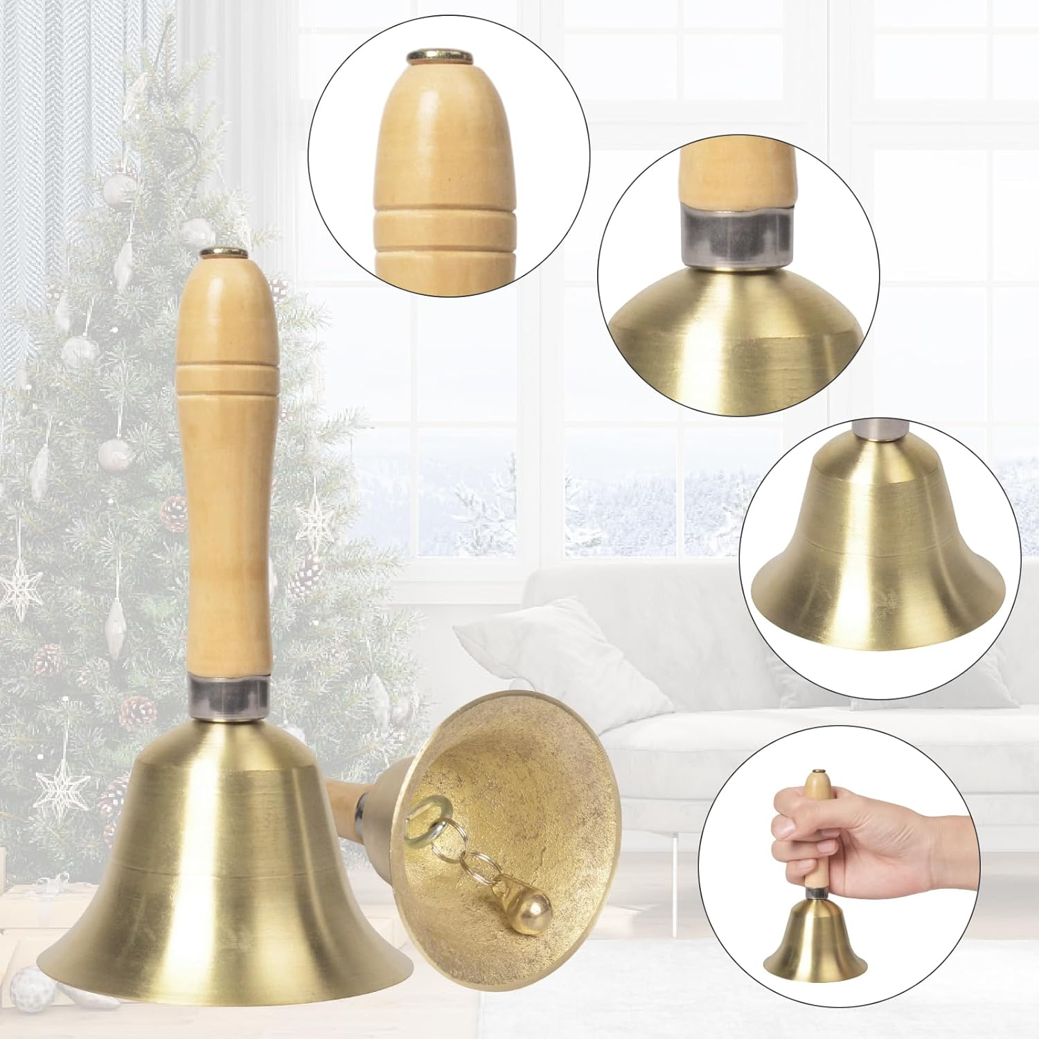 Eine goldene Glocke mit Holzgriff wird gezeigt. Details umfassen einen Weihnachtsbaum im Hintergrund und Nahaufnahmen der Glocke.