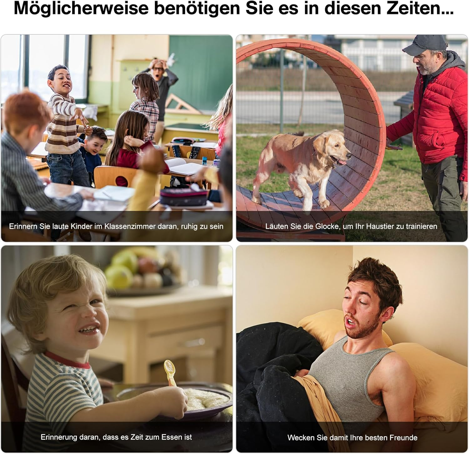 Das Bild hat vier Felder. Oben links: Kinder in einem Klassenzimmer. Oben rechts: Ein Hund in einem Rad. Unten links: Ein Kind isst. Unten rechts: Ein Mann wacht auf.