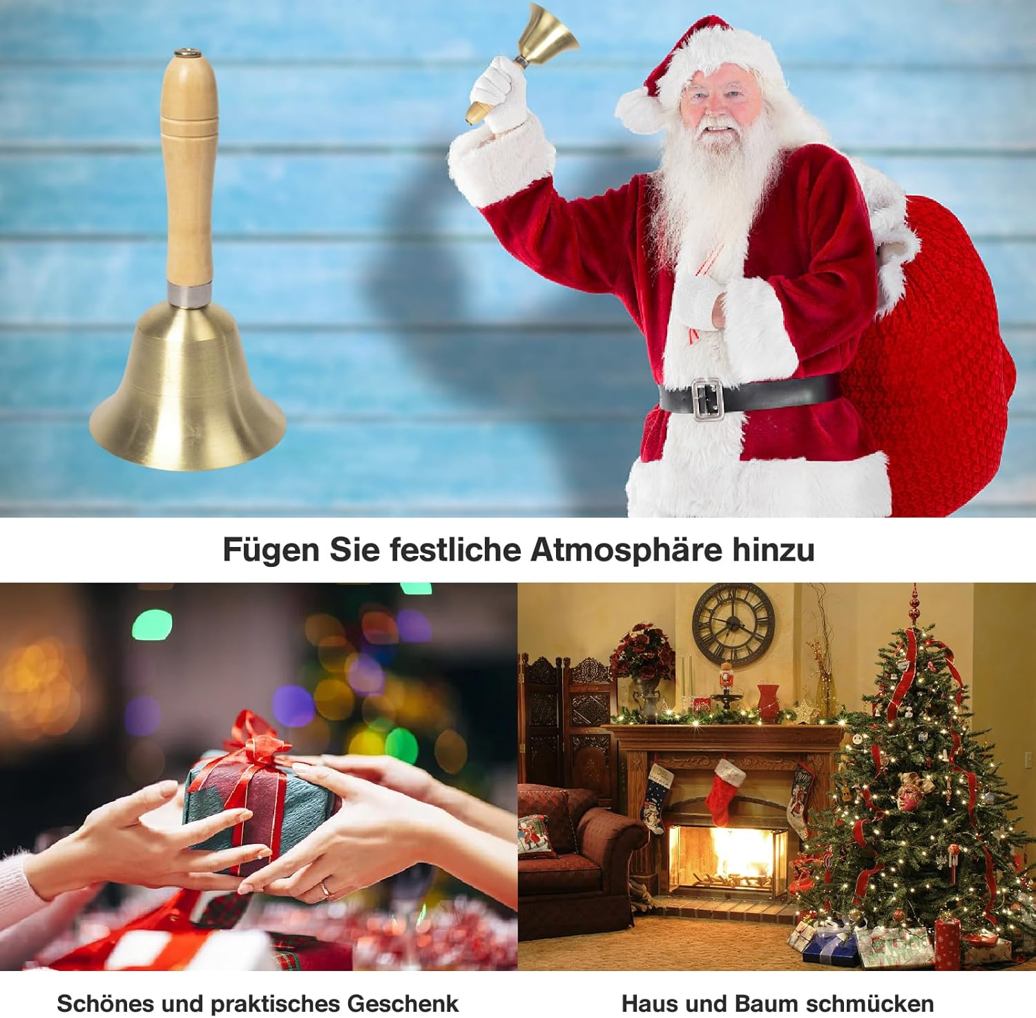 Weihnachtsmann mit Glocke, neben einer goldenen Glocke. Darunter ein Geschenkaustausch und ein dekoriertes Zimmer.