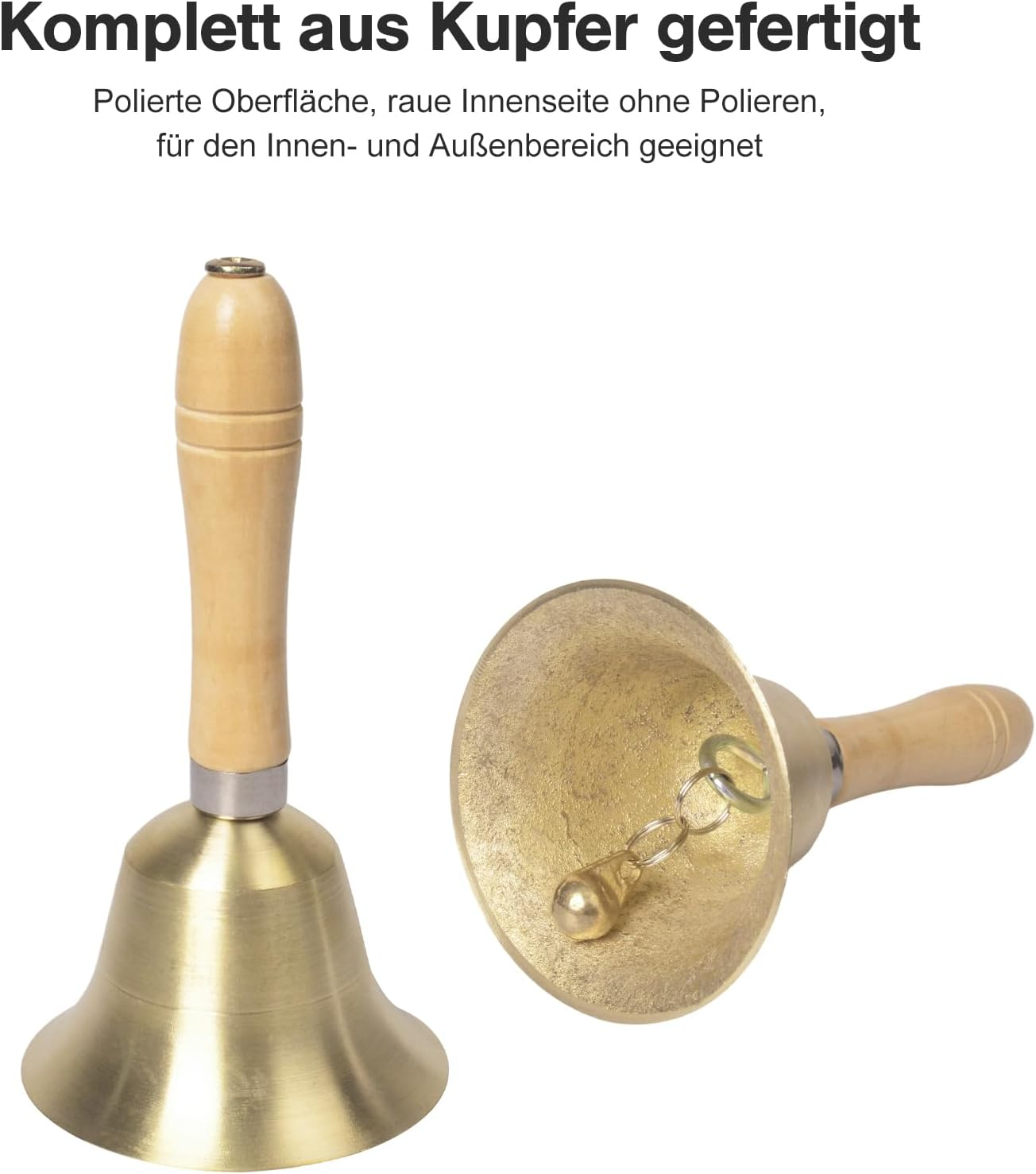 Zwei Messingglocken mit Holzgriffen. Eine steht aufrecht, die andere liegt auf der Seite und zeigt den Klöppel. Text auf Deutsch oben.