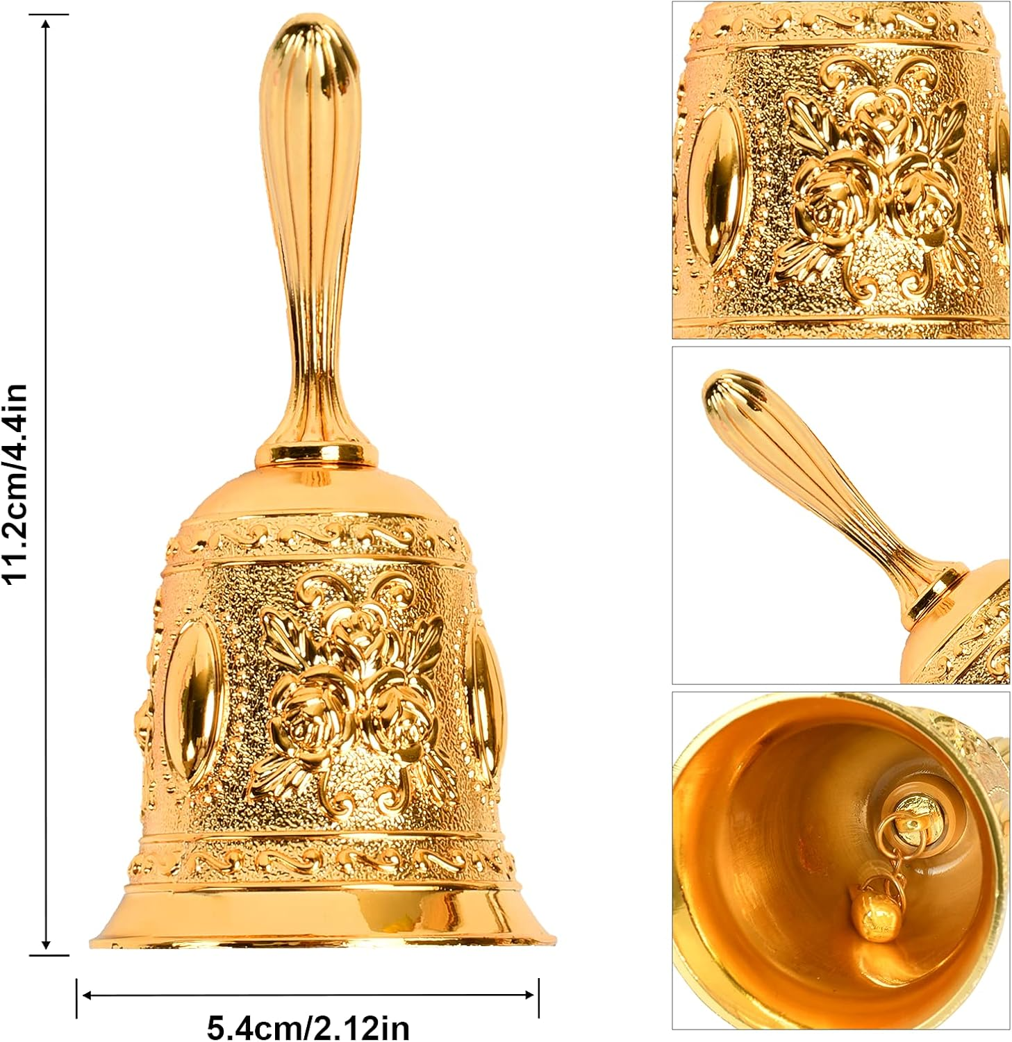 Eine goldene Glocke mit aufwendigem Blumendesign. Sie hat einen langen Griff und einen Klöppel im Inneren. Die Glocke ist 11,2 cm/4,4 Zoll hoch.