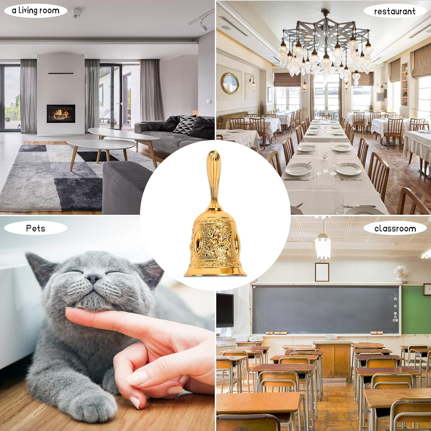 Eine Collage, die ein Wohnzimmer, ein Restaurant, eine Katze, die gestreichelt wird, und ein Klassenzimmer zeigt. In der Mitte ist eine goldene Glocke.