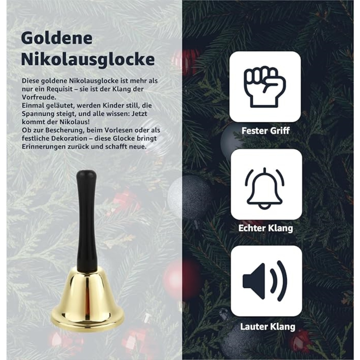 Eine goldene Glocke mit schwarzem Griff. Text auf Deutsch lautet 'Goldene Weihnachtsglocke'. Symbole von Faust, Glocke und Lautsprecher.