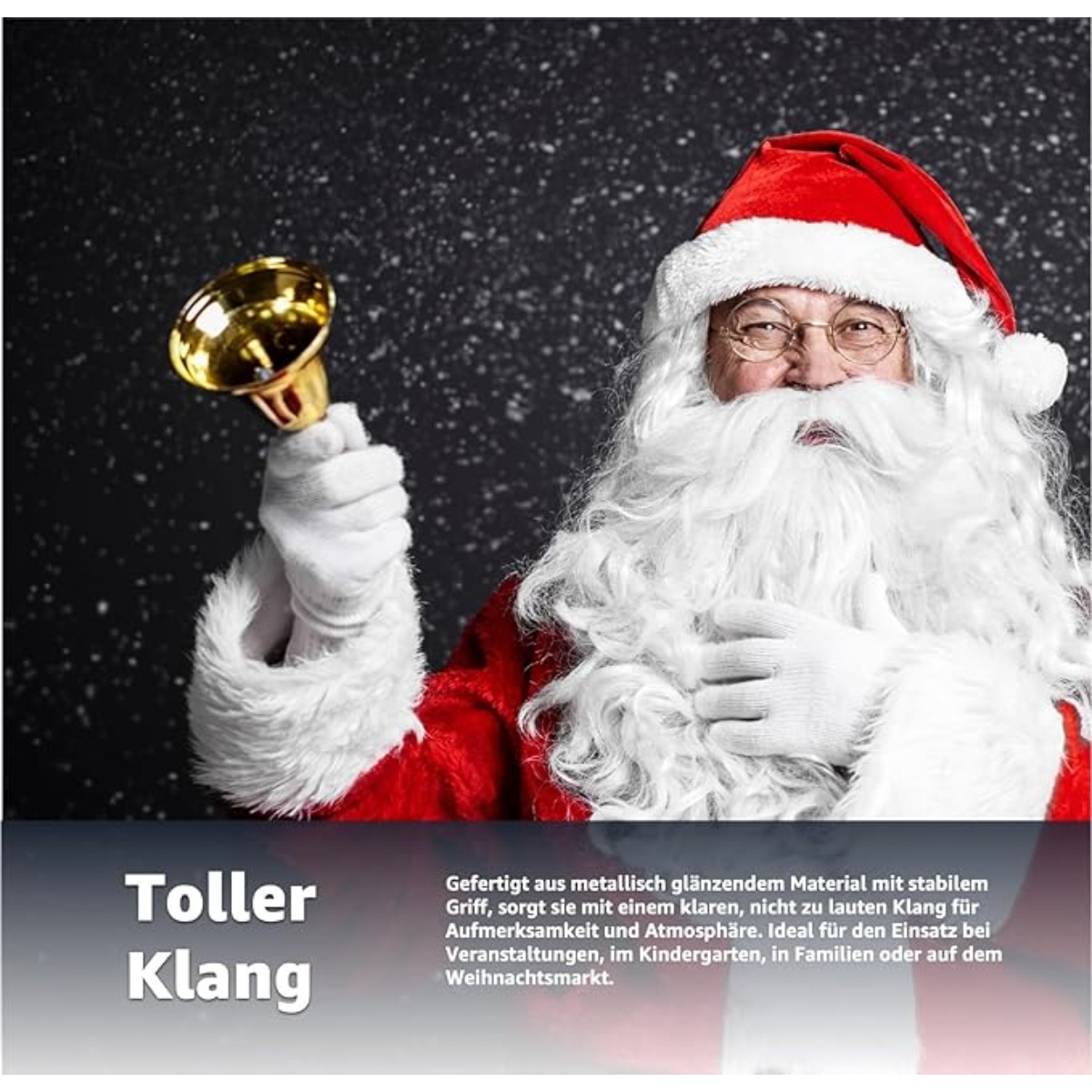 Weihnachtsmann hält eine goldene Glocke. Er trägt einen roten Anzug und Hut, weißen Bart und Handschuhe, mit dunklem Hintergrund.