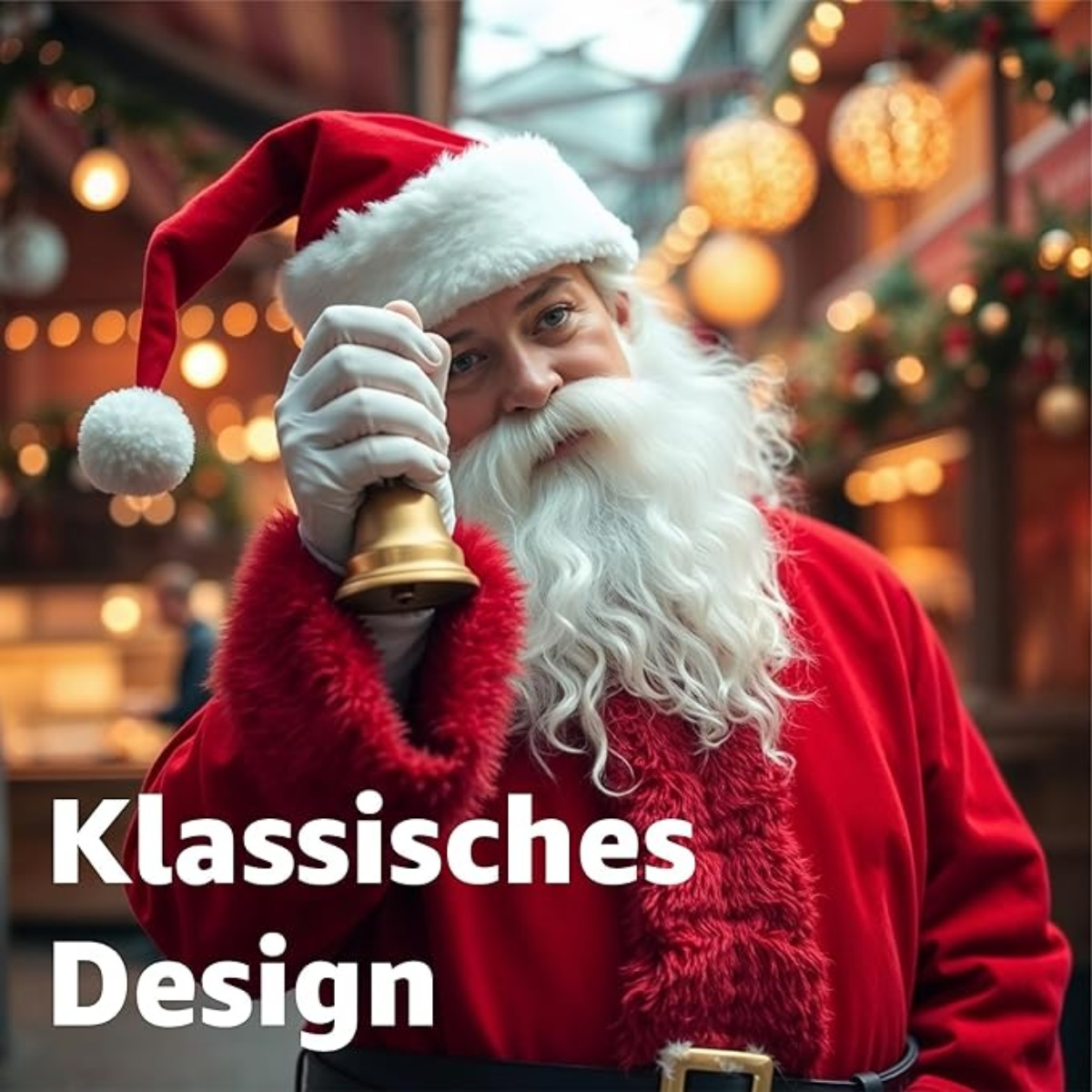 Weihnachtsmann in rotem Anzug hält eine goldene Glocke. Er hat einen weißen Bart und Hut. Festliche Lichter und Dekorationen im Hintergrund.