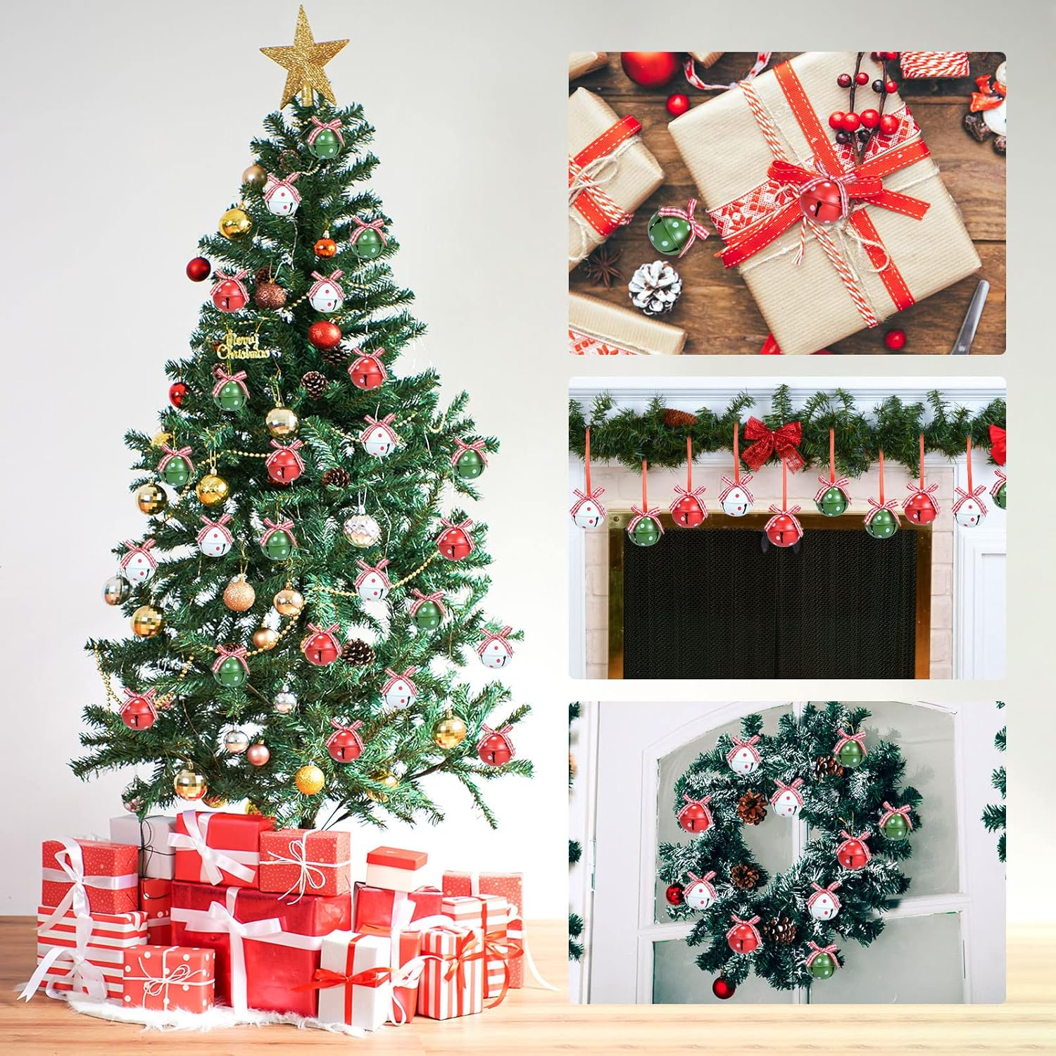 Ein geschmückter Weihnachtsbaum mit Geschenken, Glocken und einem Stern. Geschenke, Ornamente und ein Kranz sind ebenfalls zu sehen, alles im festlichen Urlaubsstil.