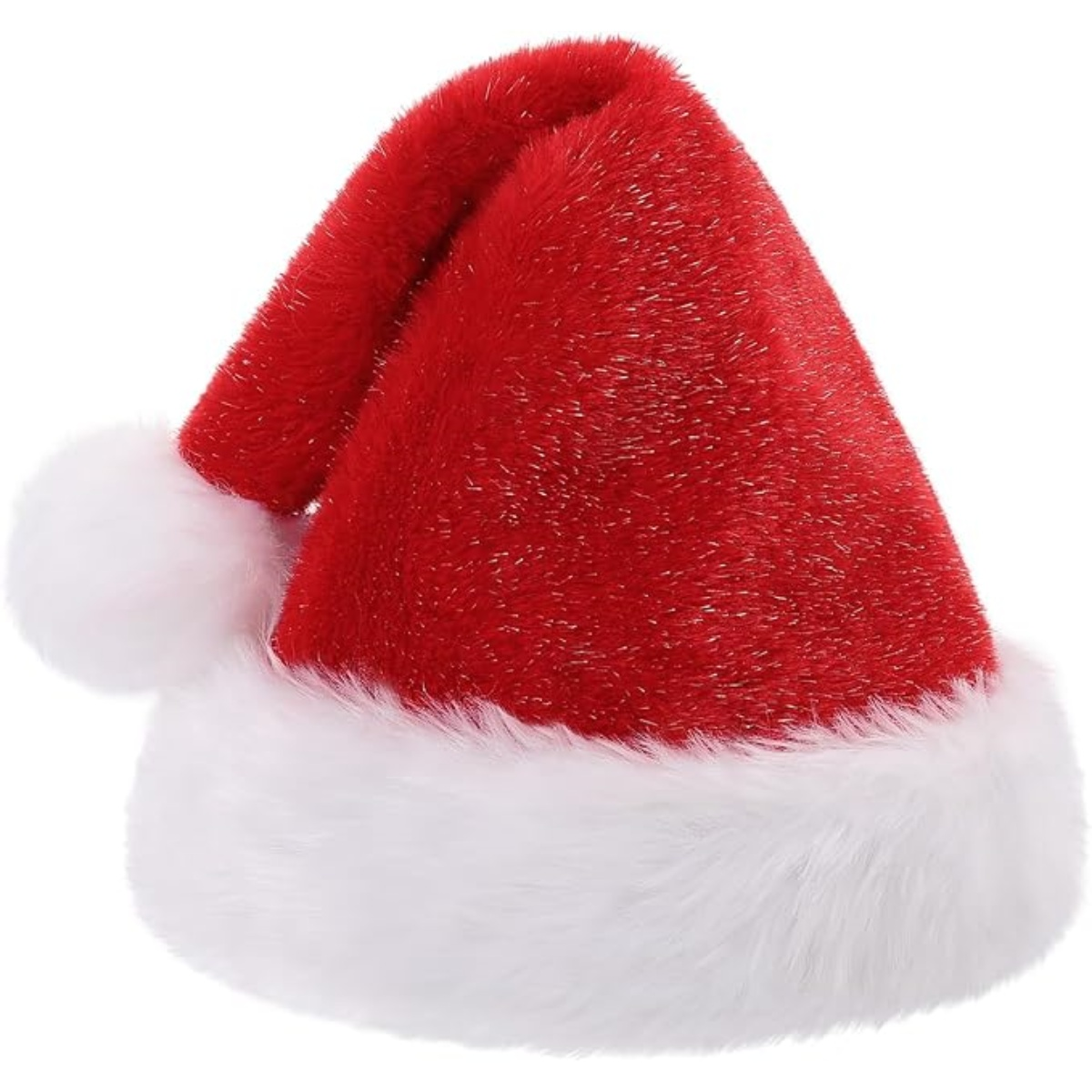 Ein roter Weihnachtsmannhut mit weißem, flauschigem Besatz und einem weißen Bommel. Der Hut besteht aus glänzendem, strukturiertem Material.