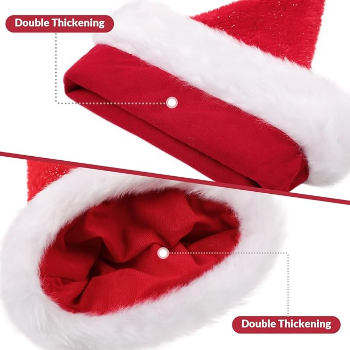 Ein roter Weihnachtsmannhut mit weißem Fellbesatz, aus zwei Blickwinkeln gezeigt, der die doppelte Verdickung hervorhebt.
