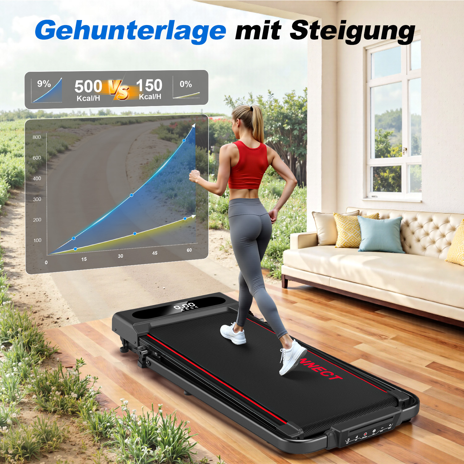 Eine Frau läuft auf einem Laufband. Ein Diagramm zeigt den Kalorienverbrauch. Im Hintergrund sind ein Sofa und ein Fenster.