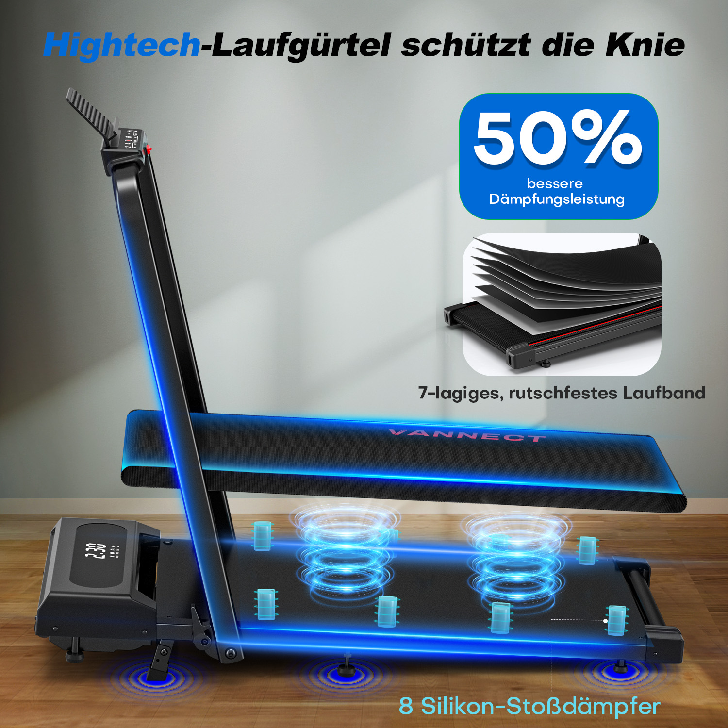 Ein Laufband mit blauen Akzenten. Zu den Merkmalen gehören ein Display, 8 Silikon-Stoßdämpfer und ein 7-lagiges rutschfestes Laufband.
