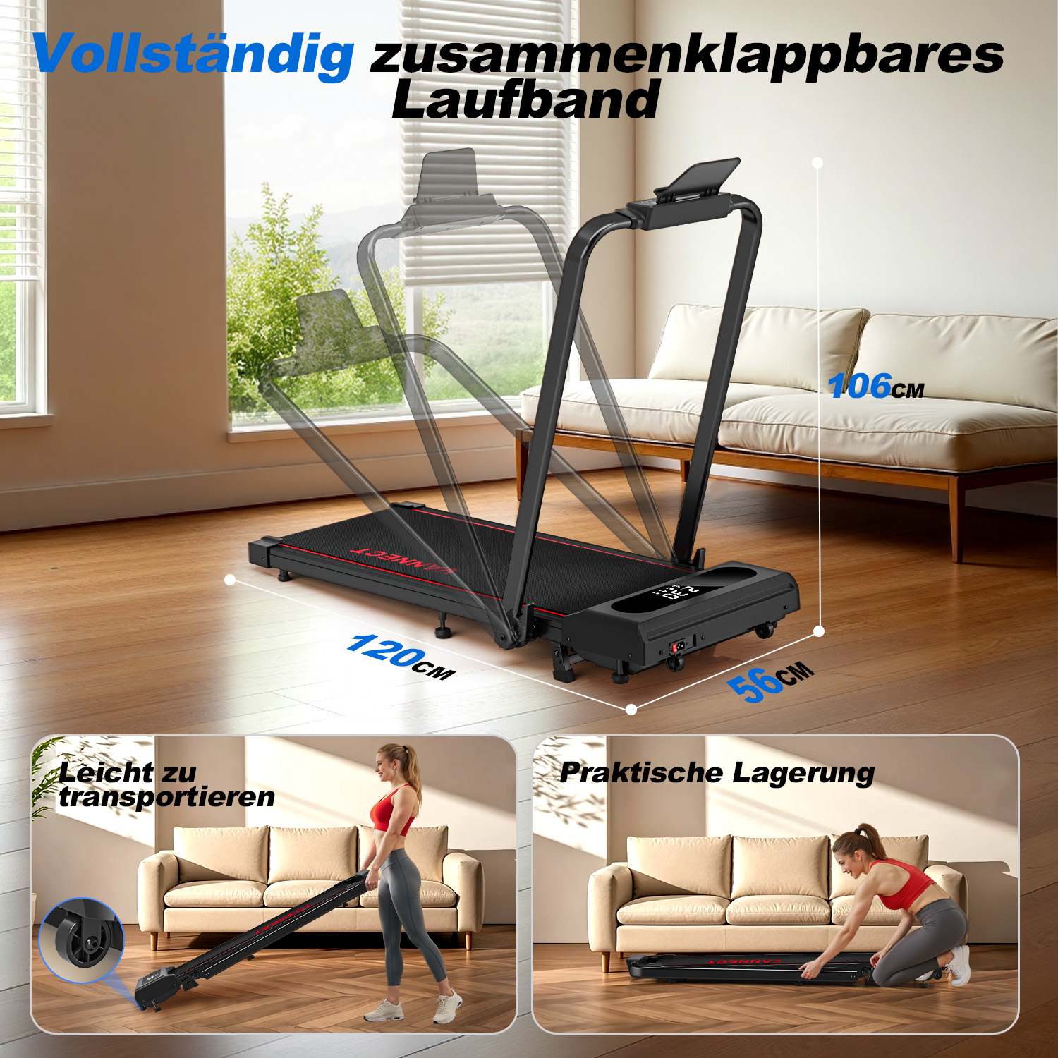 Ein zusammenklappbares Laufband wird gezeigt. Abmessungen sind angegeben. Zwei Frauen demonstrieren einfachen Transport und Lagerung. Fenster und Sofa im Hintergrund.