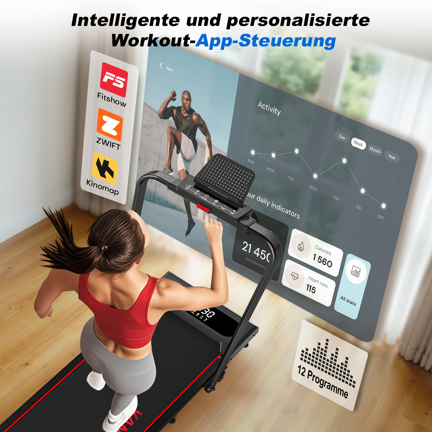 Eine Frau läuft auf einem Laufband. Ein Bildschirm zeigt Trainingsdaten und Apps. Das Laufband hat eine Digitalanzeige, der Hintergrund ist unscharf.