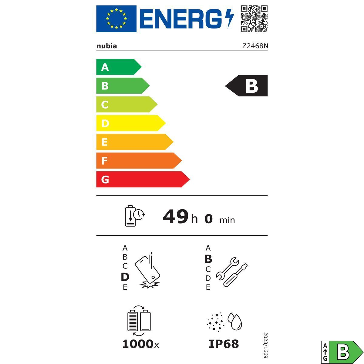 Etykieta energetyczna produktu. Pokazuje klasę efektywności energetycznej B, 49h 0 min i inne szczegóły, takie jak IP68 i 1000x.