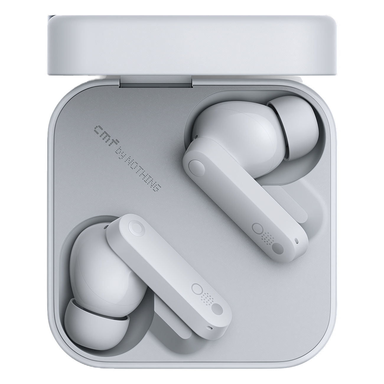 Auricolari bianchi in una custodia di ricarica grigio chiaro. La custodia è aperta, rivelando gli auricolari all'interno. Visibile il marchio 'CMF by Nothing'.