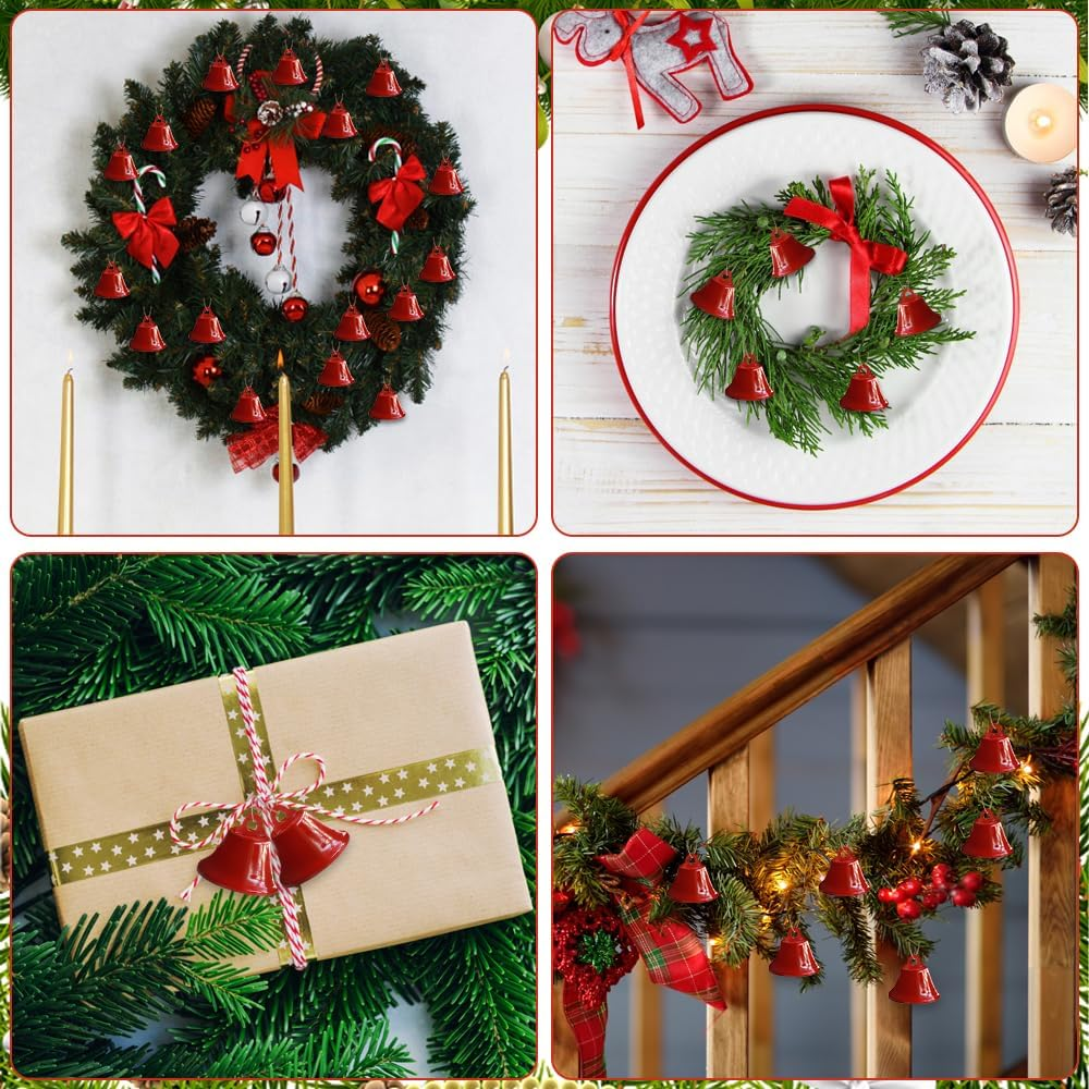 Weihnachtsdekorationen: Kränze, Glocken, Geschenke und Girlanden mit Lichtern. Rote und grüne Farben dominieren. Festlich und weihnachtlich.