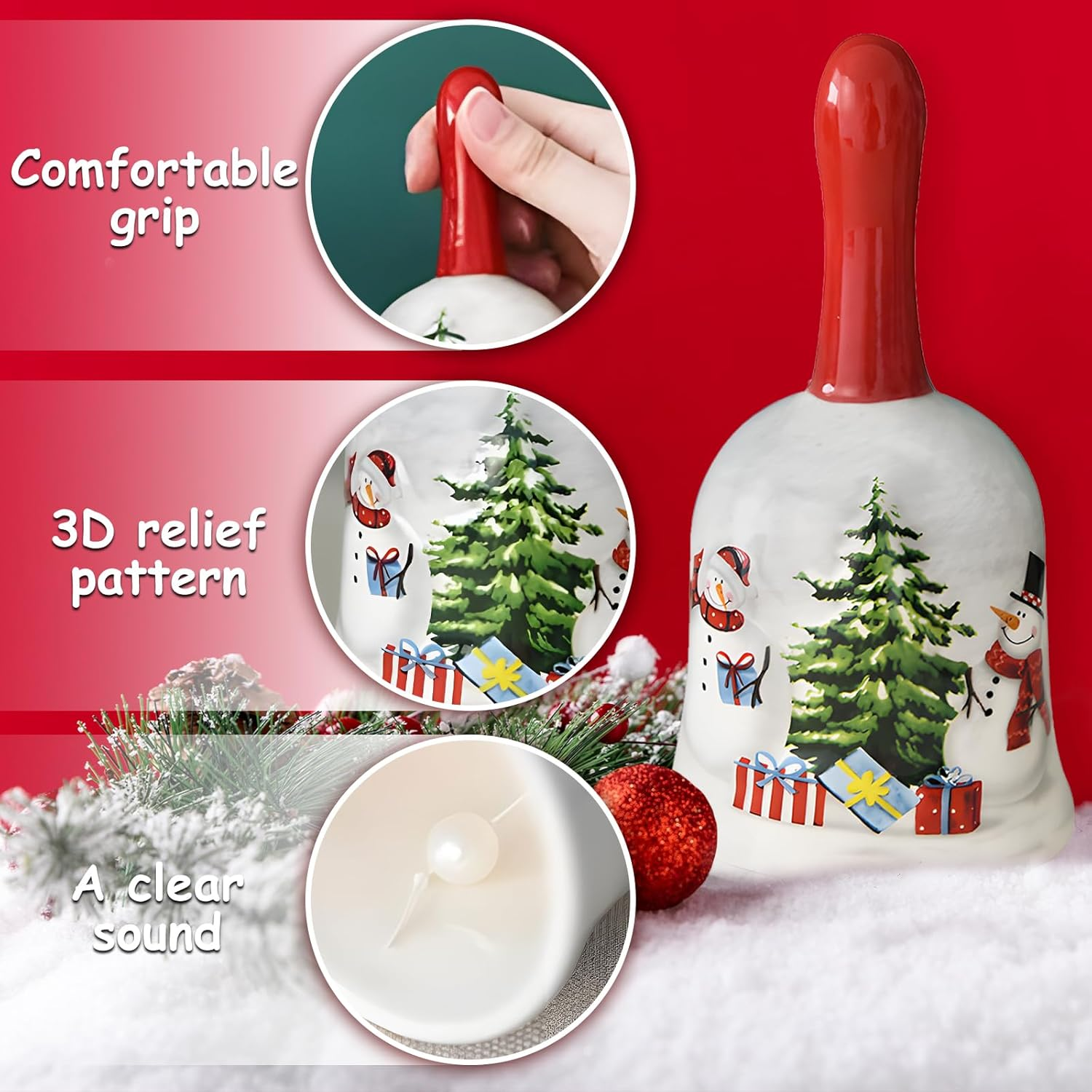 Eine weiße Glocke mit rotem Griff. Sie hat Schneemänner- und Weihnachtsbaum-Designs. Sie steht auf einer schneebedeckten Oberfläche mit rotem Hintergrund.
