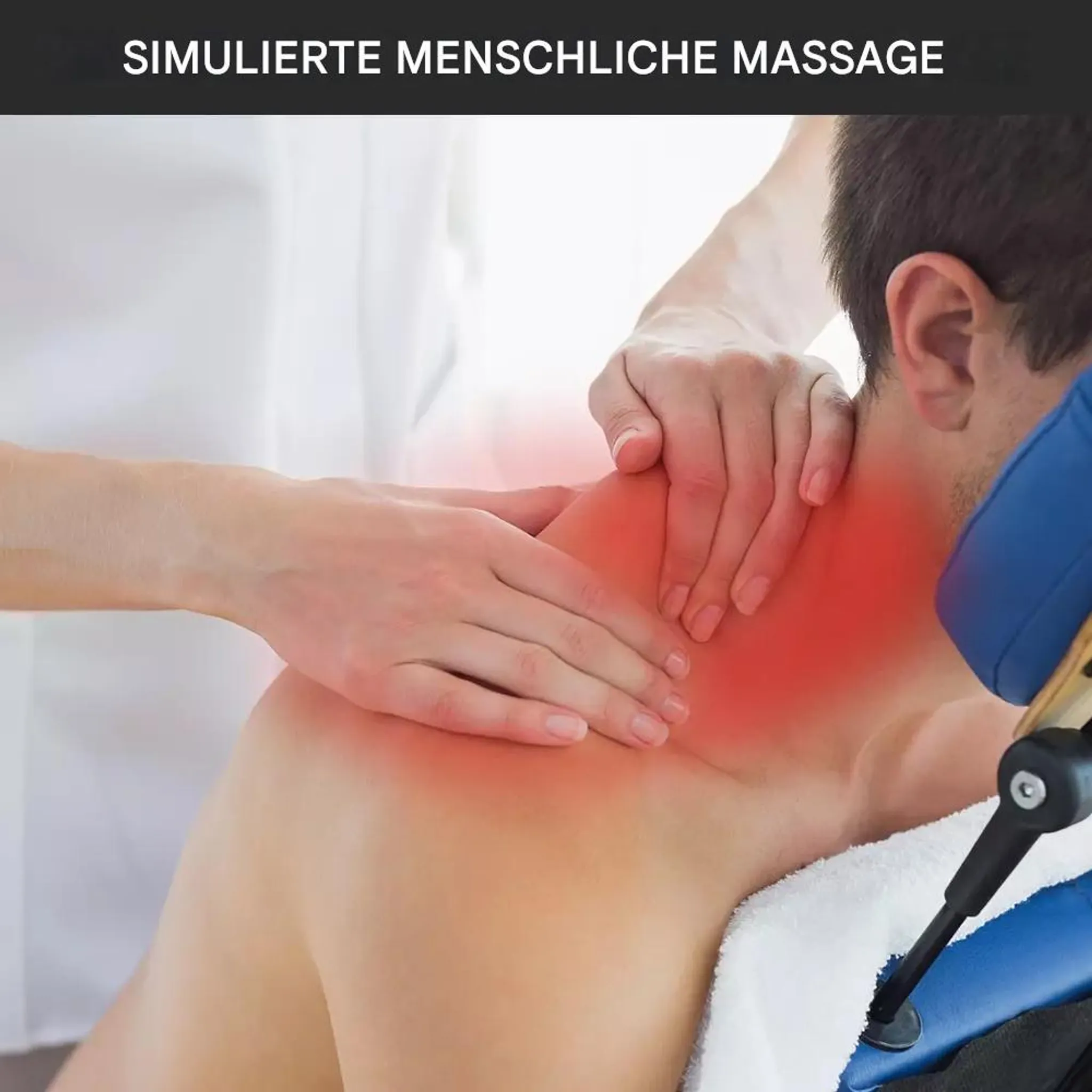 Eine Person erhält eine Schultermassage. Hände drücken auf den Schulterbereich. Rotes Leuchten zeigt Schmerzen oder Verspannungen an.