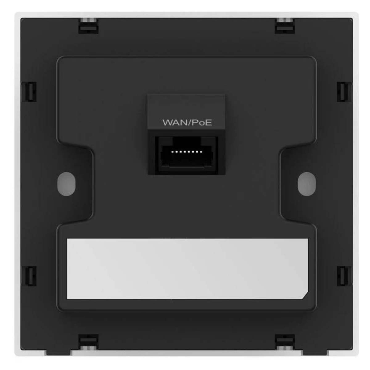 Dispositivo de red en blanco y negro. Tiene un puerto WAN/PoE y un rectángulo blanco. El dispositivo es cuadrado.