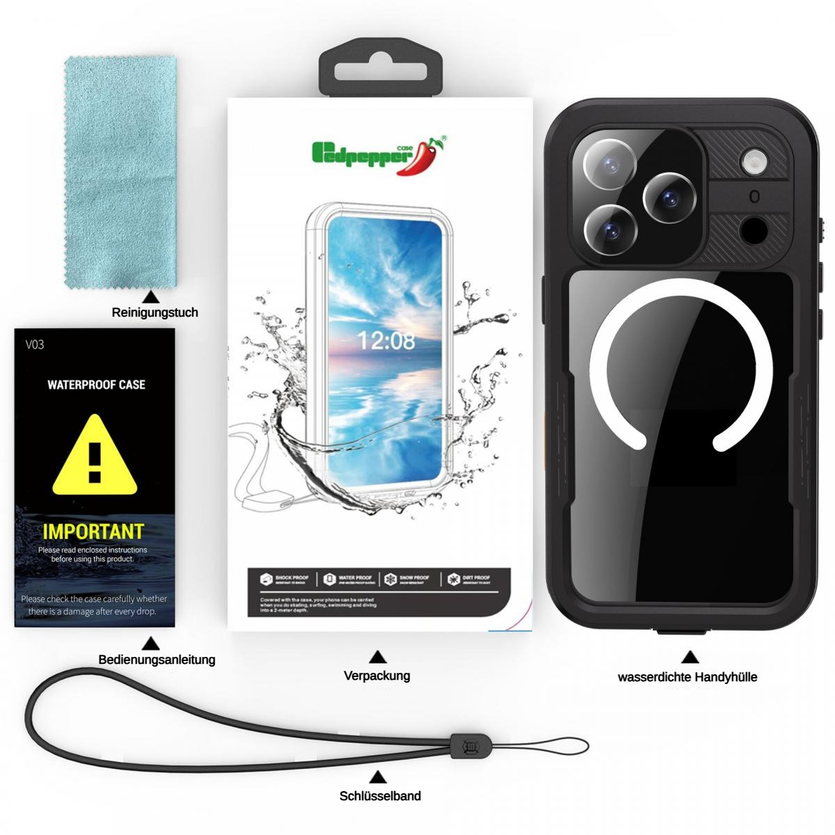 Eine Handyhüllenverpackung mit einem Reinigungstuch, Anweisungen und einem Schlüsselband. Die Hülle zeigt eine Telefonanzeige.