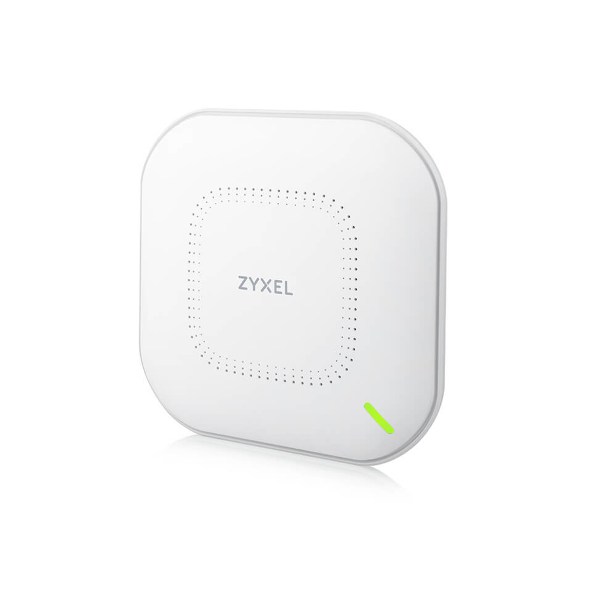 Un punto de acceso Zyxel blanco. Es cuadrado con esquinas redondeadas y tiene una luz verde. El logotipo de Zyxel es visible.
