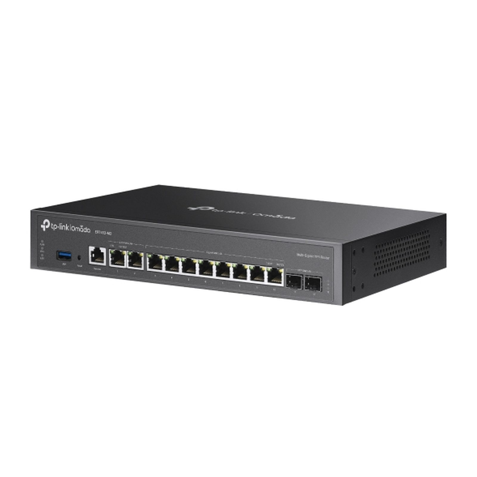 Un router TP-Link ER110-4G nero. Ha più porte e una porta USB sulla parte anteriore. La parte superiore ha il logo TP-Link.