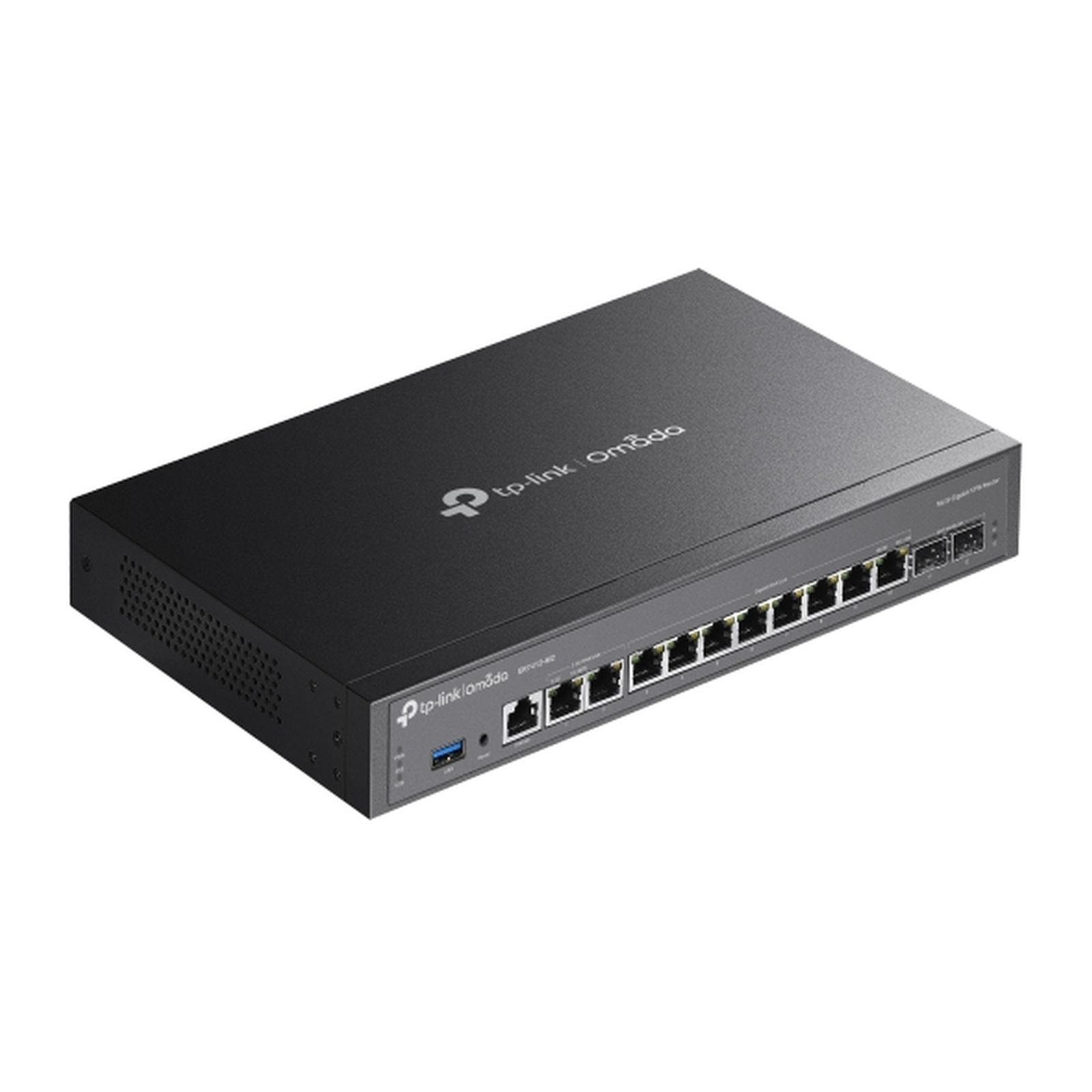 Un router TP-Link Omada nero. Ha più porte e una porta USB. Il logo è visibile.
