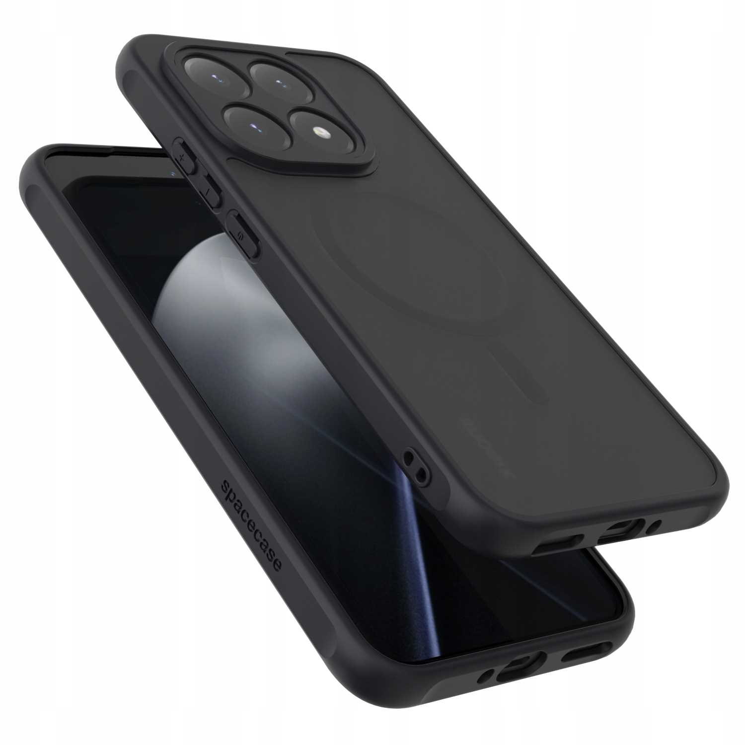 Czarny futerał na telefon z wycięciem na aparat. Etui jest otwarte, ukazując ekran telefonu. Widoczna jest nazwa marki 'spacecase'.