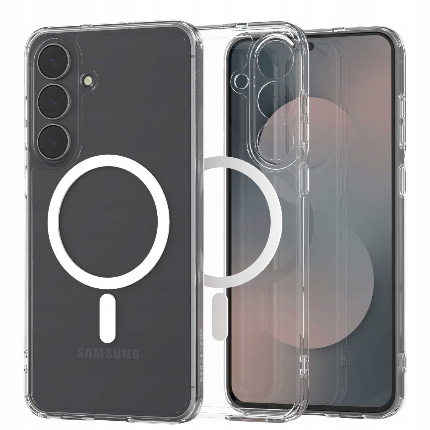 Przezroczyste etui na telefon z białym pierścieniem i telefonem w środku. Pokazuje tył telefonu i logo Samsung.