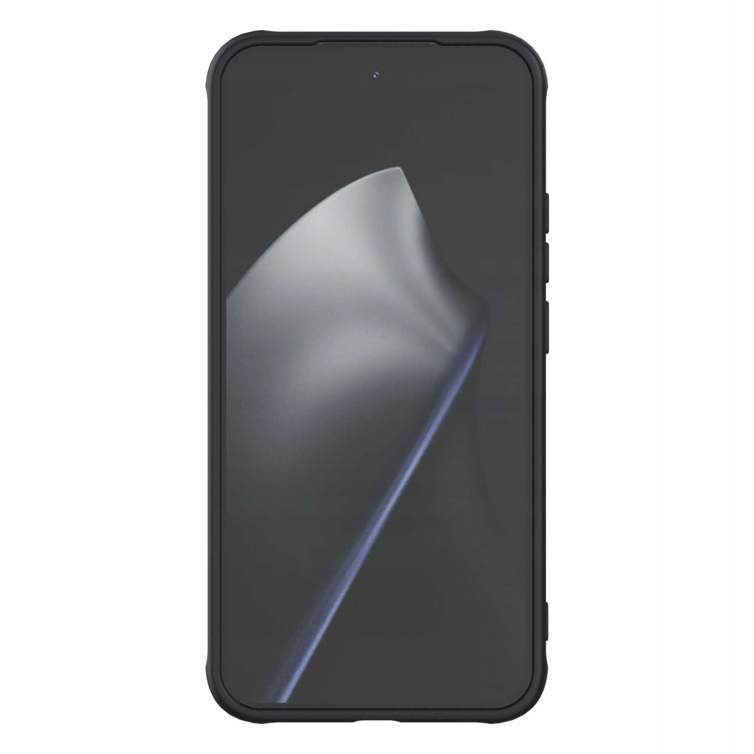 Czarny smartfon z zakrzywioną osłoną ekranu. Ekran wyświetla jasny, abstrakcyjny kształt na ciemnym tle.