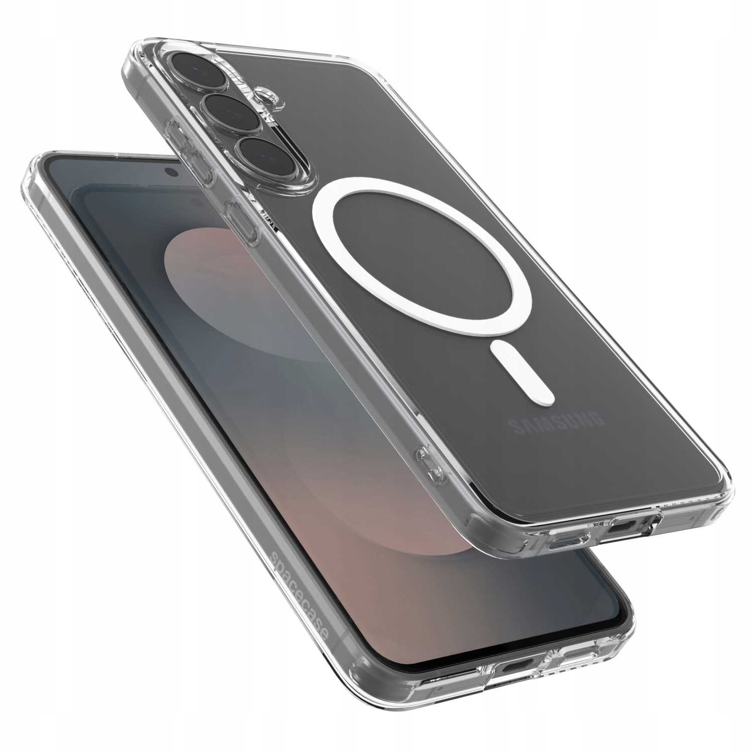 Przezroczyste etui na telefon z białym okrągłym wzorem, prawdopodobnie do ładowania bezprzewodowego. Etui leży na innym.