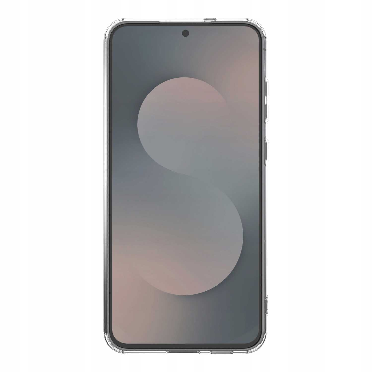 Smartfon w przezroczystym etui. Ekran wyświetla gradient z dużym, bladym kształtem. Tło jest białe.