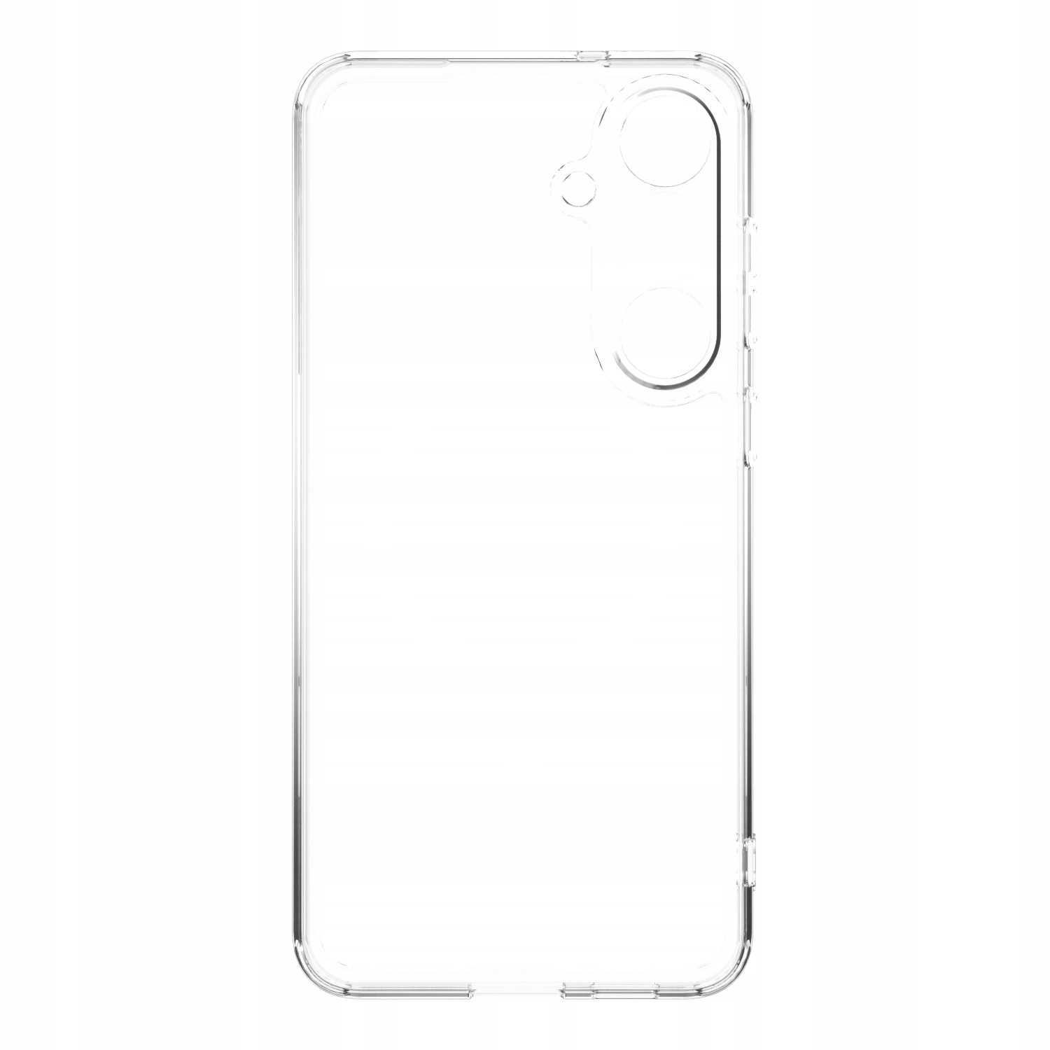 Przezroczyste, przezroczyste etui na telefon. Ma wycięcia na aparat i osłony przycisków. Tło jest białe.