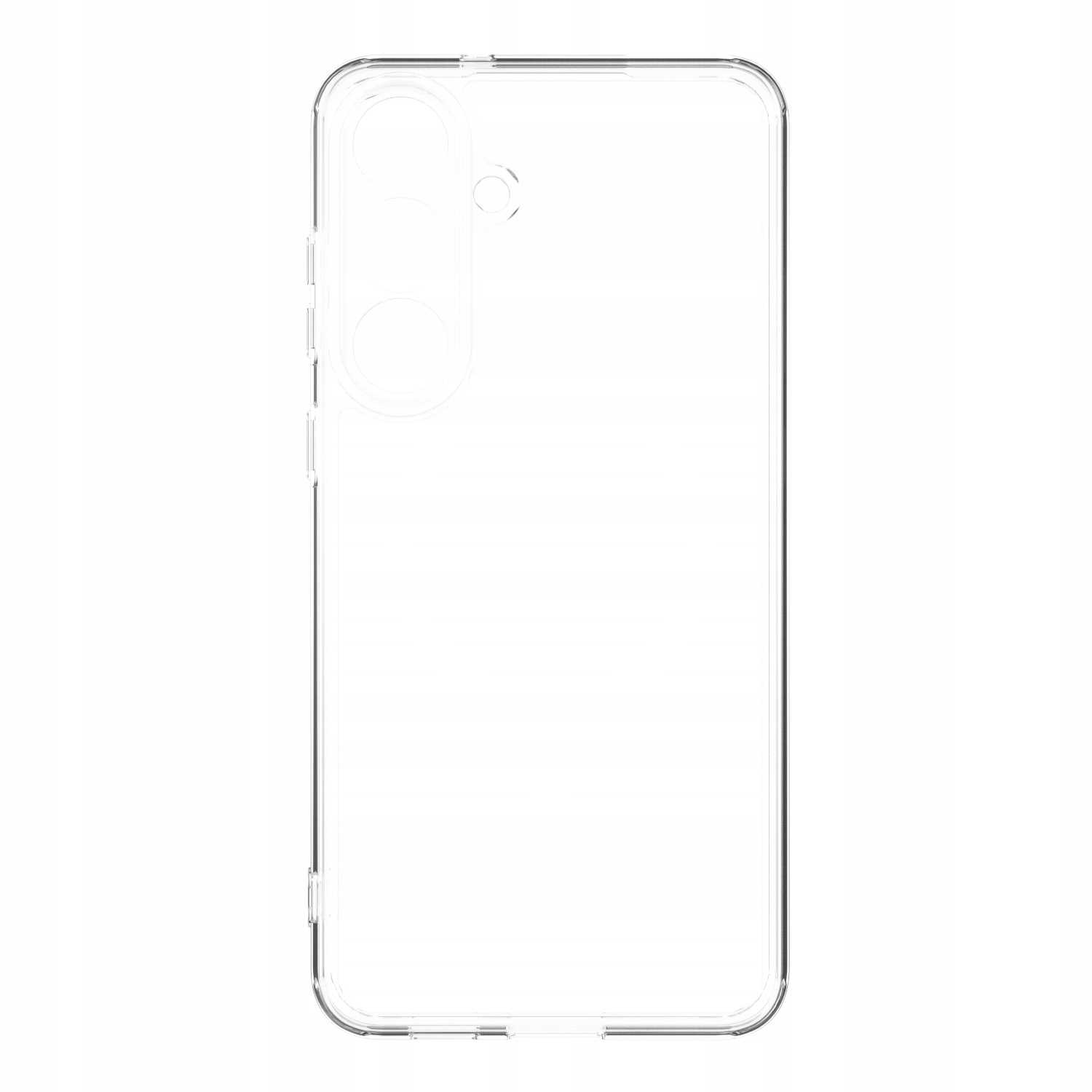 Przezroczyste etui na telefon. Ma wycięcie na aparat i detale przycisków. Tło jest białe.