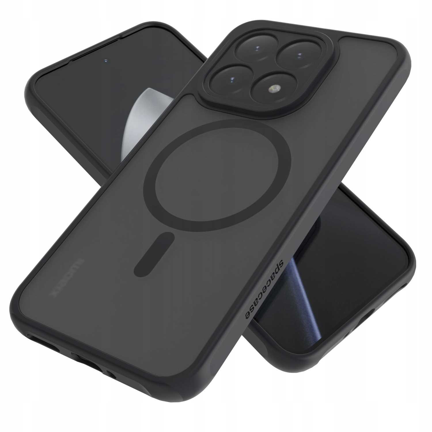 Dwa czarne etui na telefon, jedno na drugim. Górne etui ma okrągłe wycięcie i nadruk spacecase.