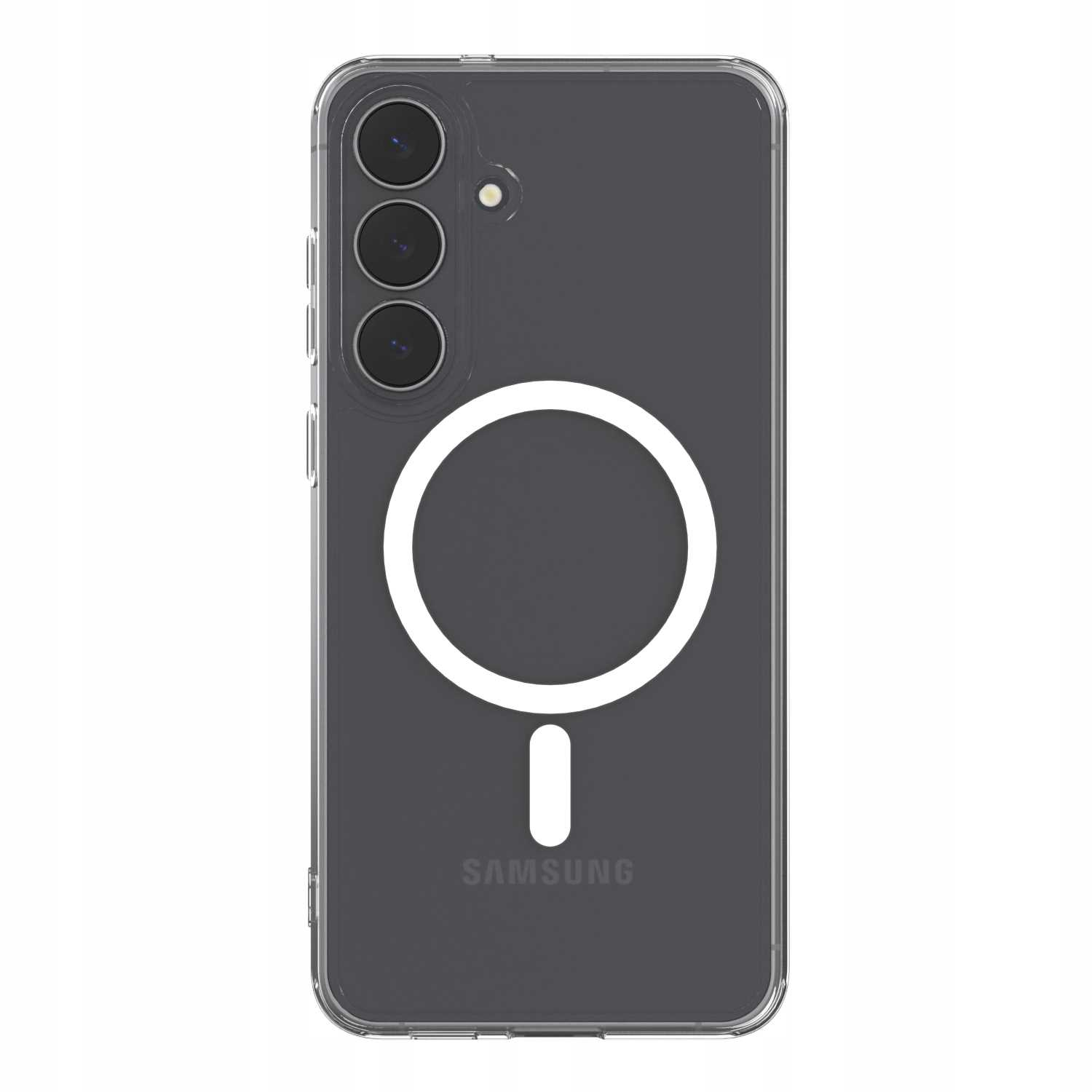 Przezroczyste etui na telefon z białym okrągłym wzorem i małą pionową linią. Telefon ma trzy obiektywy.