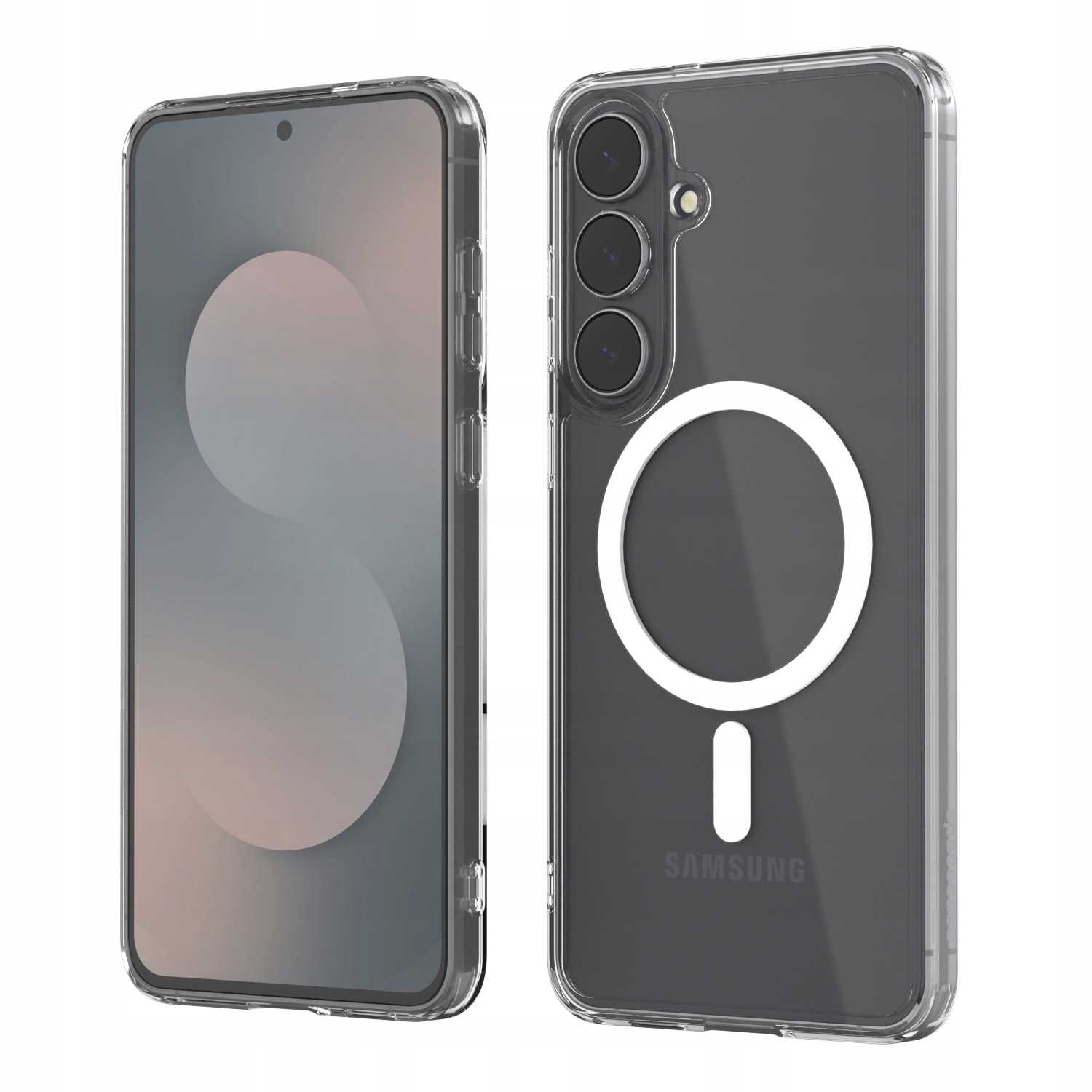 Dwa przezroczyste etui na telefon. Jedno wyświetla ekran telefonu, drugie tył z aparatem i białym pierścieniem MagSafe.