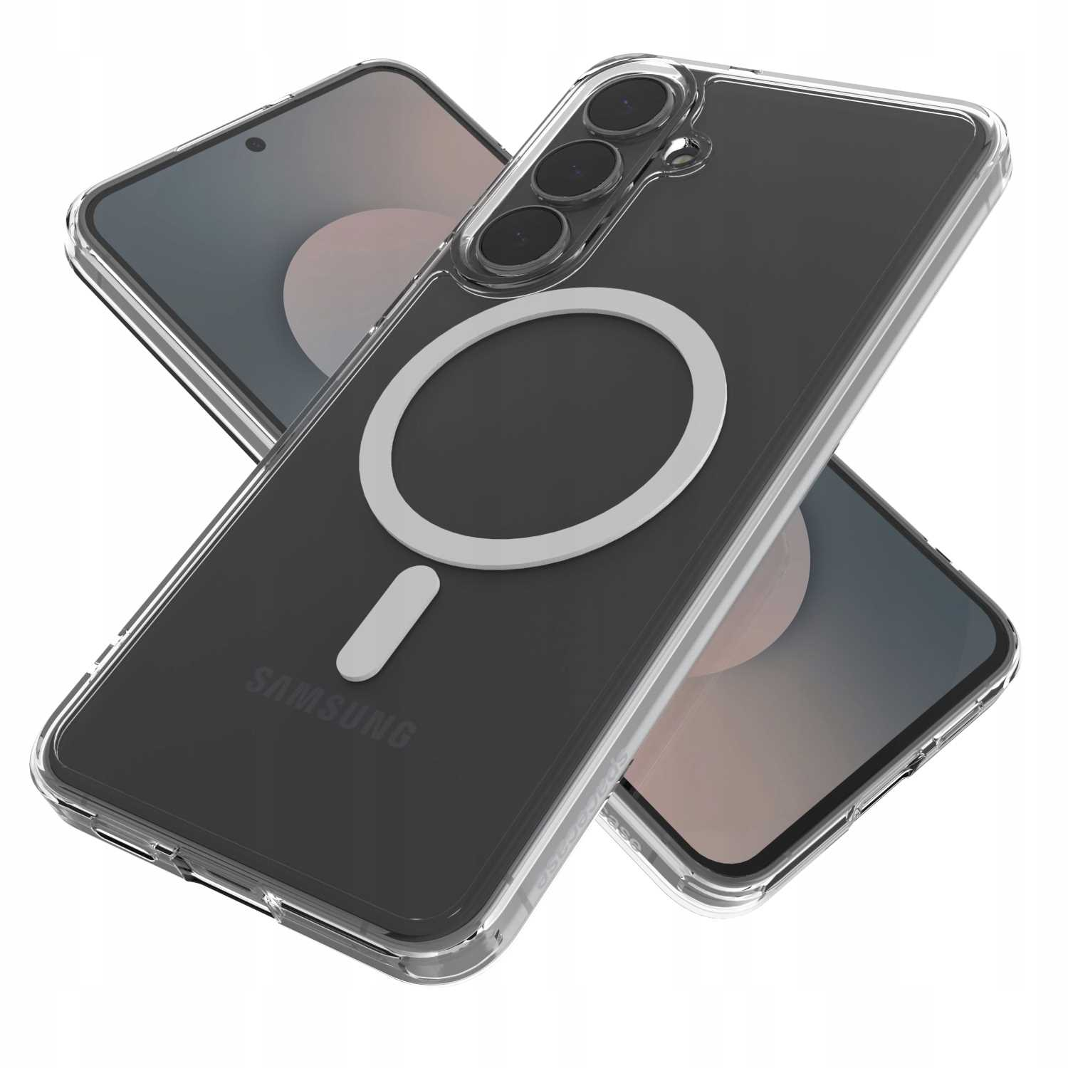 Przezroczyste etui na telefon z pierścieniem MagSafe i trzema obiektywami aparatu. Poniżej widoczny telefon. Logo Samsung na obudowie.