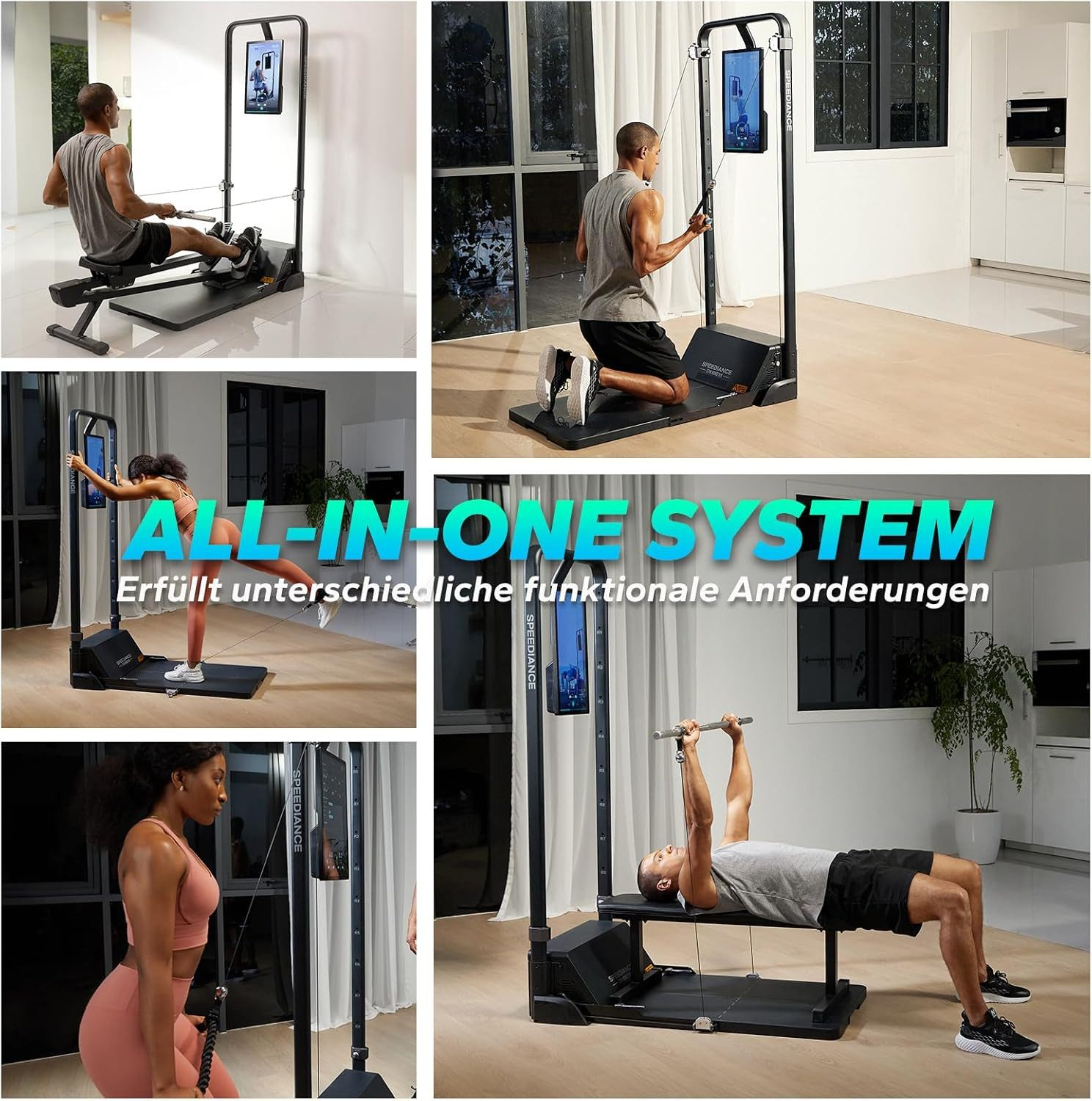 Das Bild zeigt Personen, die eine Speediance-Fitnessmaschine bei verschiedenen Übungen benutzen. Die Maschine hat einen Bildschirm und Kabel.