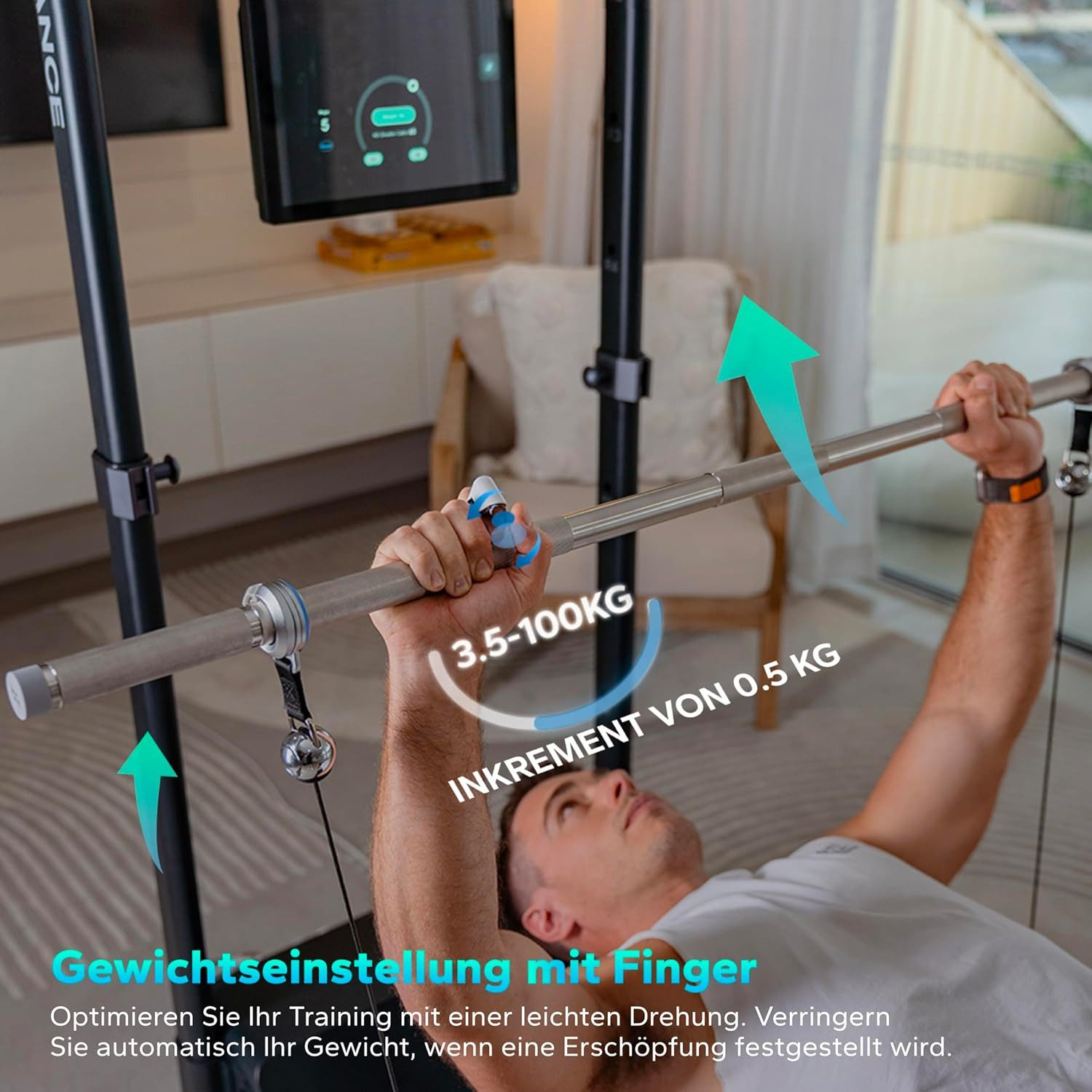 Ein Mann hebt eine Langhantel im Fitnessstudio. Der Gewichtsbereich beträgt 3,5-100 kg. Text: 'Gewichtseinstellung mit Finger'.
