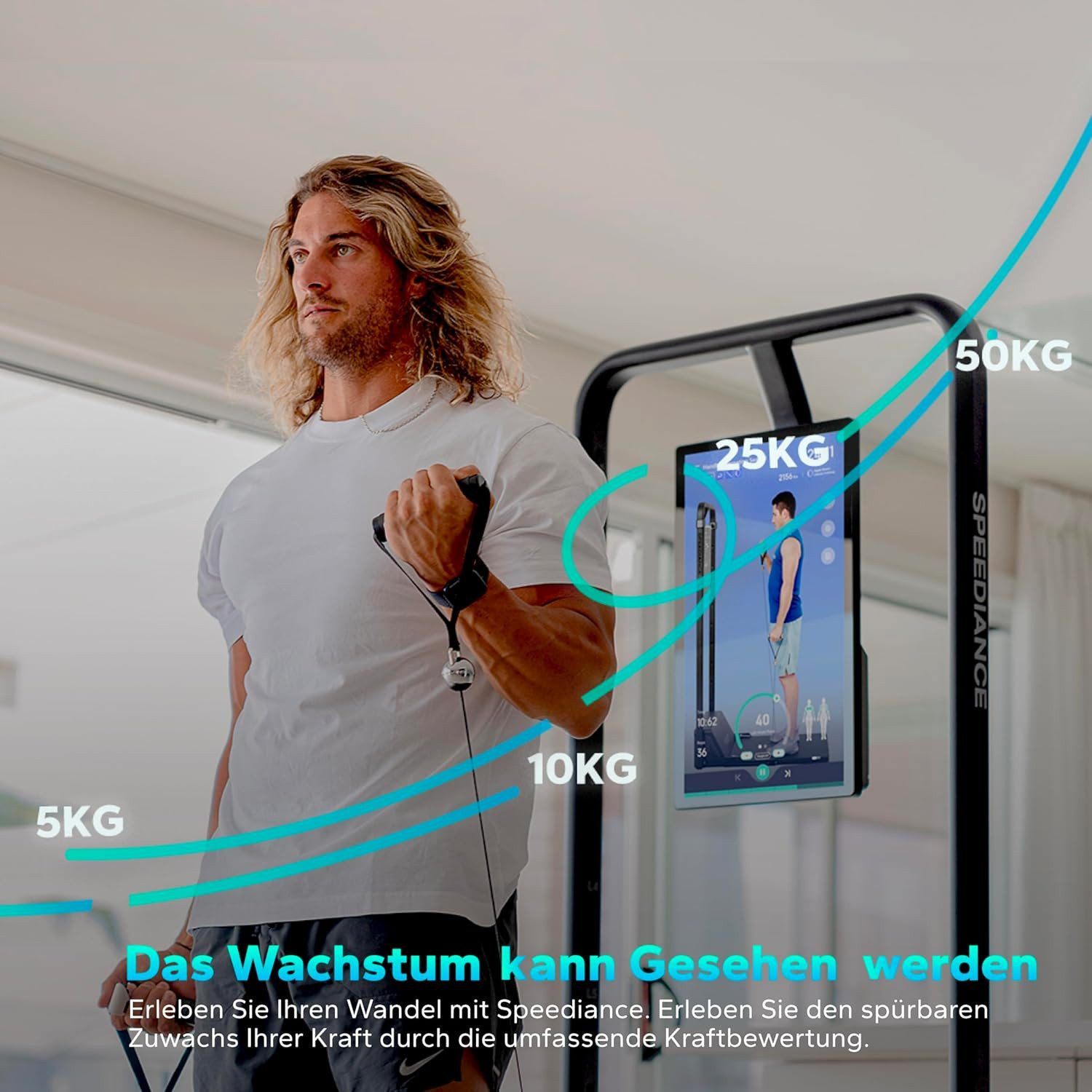 Mann mit langen Haaren benutzt ein Speediance-Gerät. Gewichte sind mit 5, 10, 25 und 50 kg markiert. Bildschirm zeigt Person beim Training.