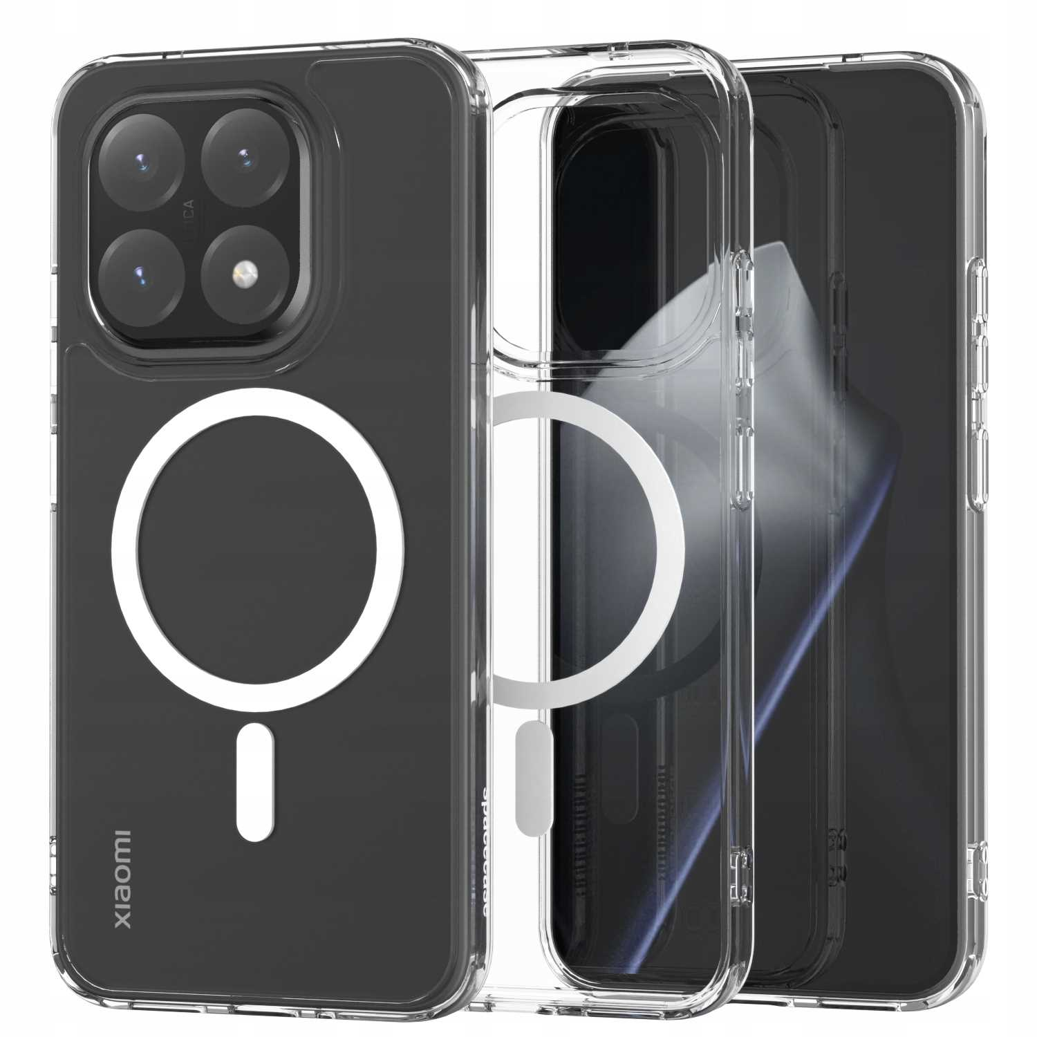 Przezroczyste etui na telefon z białym pierścieniem magnetycznym. Widoczne logo Xiaomi. Trzy etui ułożone, pokazujące telefon.