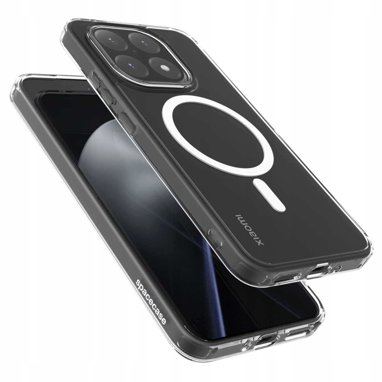 Przezroczyste etui na telefon, z czarnym tyłem i białym okręgiem magnetycznym. Marka 'spacecase' na dole.