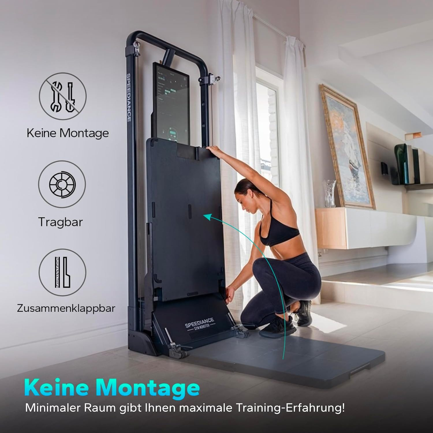 Eine Frau in Sportkleidung benutzt ein SPEEDIANCE-Fitnessstudio. Das Fitnessstudio ist schwarz, und die Frau berührt den Boden.