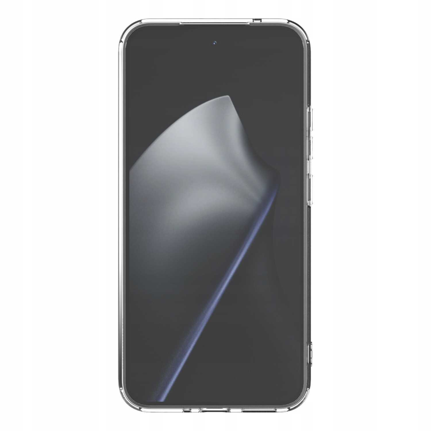 Smartfon w przezroczystym etui. Ekran wyświetla ciemny, rozmyty kształt. Telefon ma srebrną ramkę.