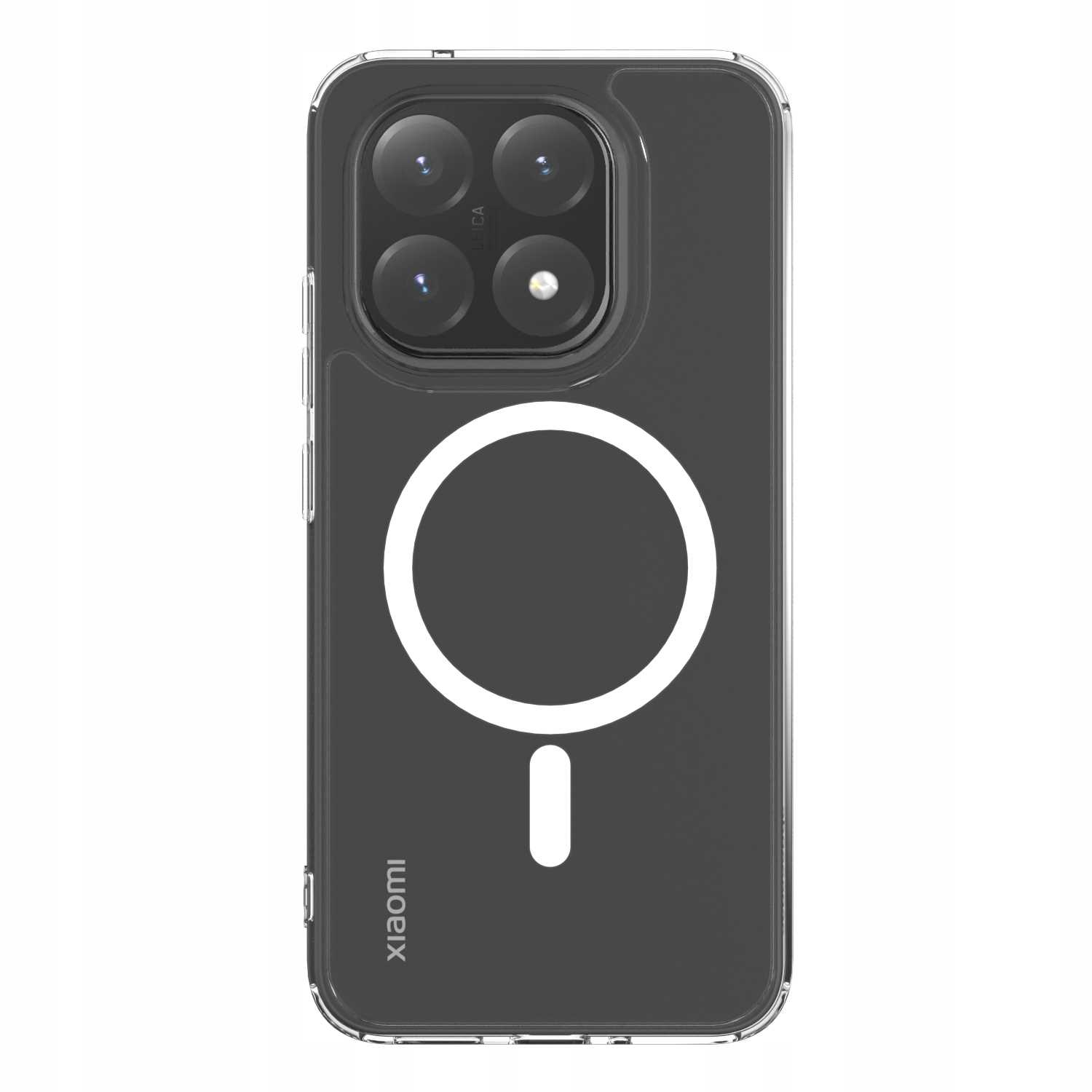 Przezroczyste etui na telefon Xiaomi. Ma wycięcie na aparat, biały okrągły wzór i logo Xiaomi.
