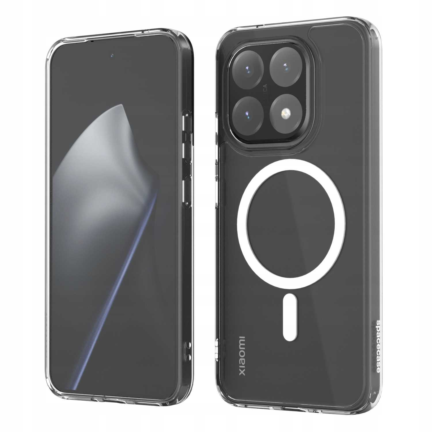 Dwa przezroczyste etui na telefon. Jedno pokazuje telefon, drugie ma wycięcie na aparat i biały pierścień magnetyczny. Widoczne logo Xiaomi.