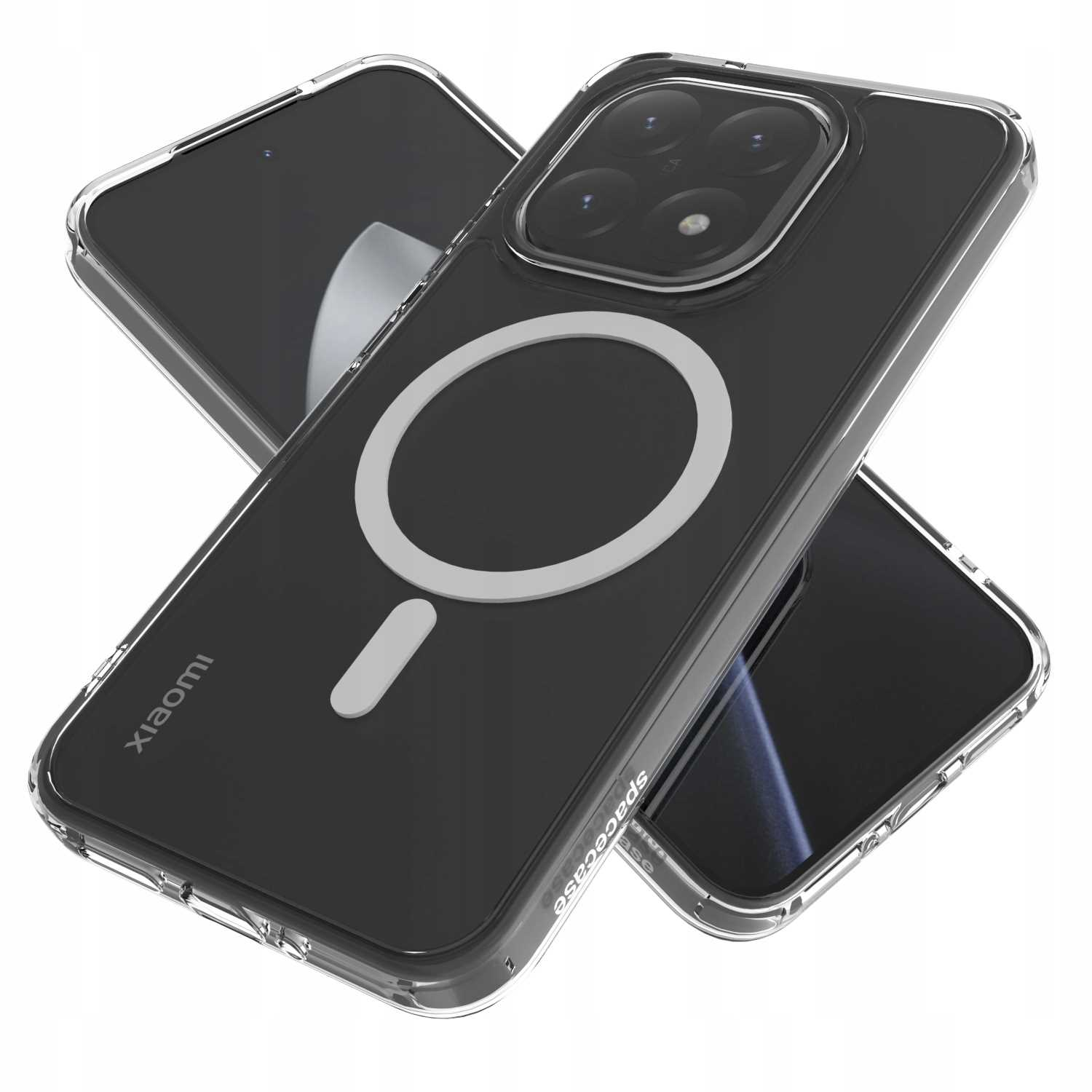 Przezroczyste etui na telefon z pierścieniem MagSafe. Widoczny telefon Xiaomi. Etui ma wycięcie na aparat, biały pierścień i pasek.