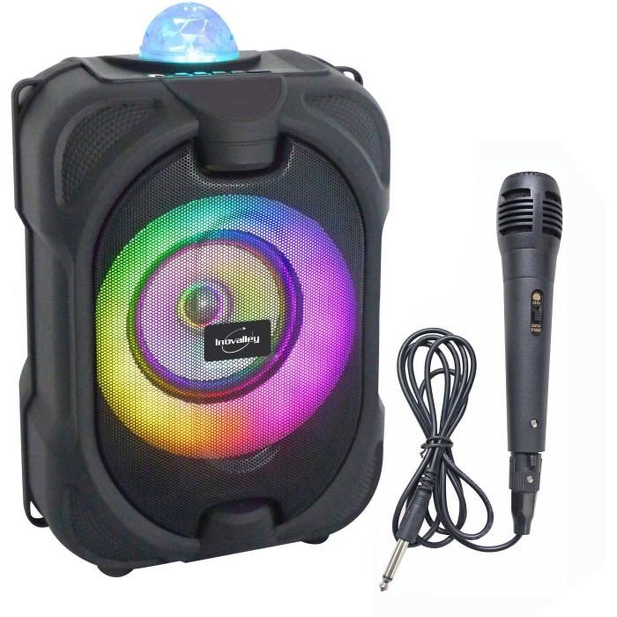 Altoparlante nero con display luminoso colorato, sfera da discoteca e microfono con cavo.