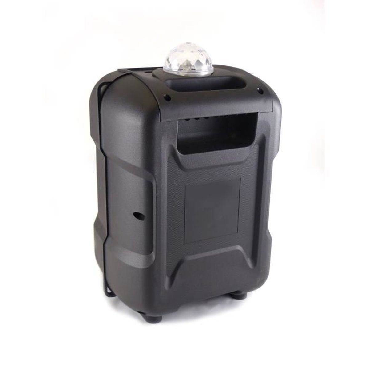 Un altoparlante portatile nero con una palla da discoteca sopra. Ha una maniglia e si trova su uno sfondo bianco.