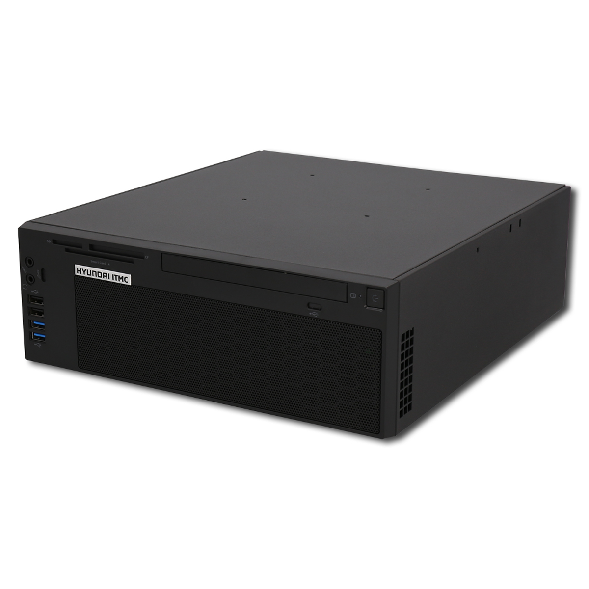 Schwarzes Hyundai ITMC Computergehäuse auf weißem Hintergrund. Es hat eine Frontgitterplatte, ein DVD-Laufwerk und verschiedene Anschlüsse.